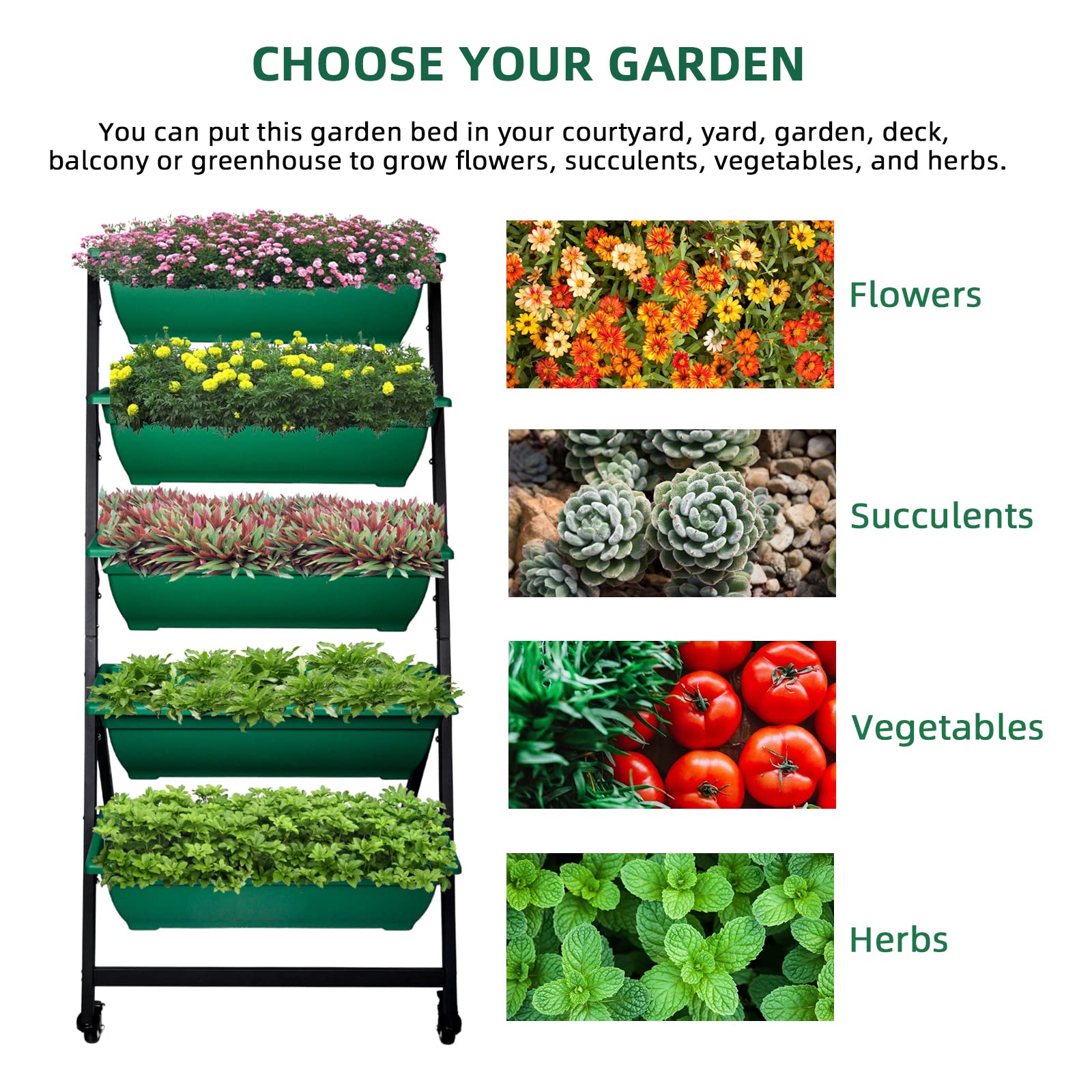4FT Vertical Raised Garden Bed with Wheels - 5 Tier Planter Box for Flowers, Vegetables & Herbs - Indoor/Outdoor Gardening Solution for Patio, Balcony & Greenhouse - Perfect for Small Space Gardening & Urban Farming