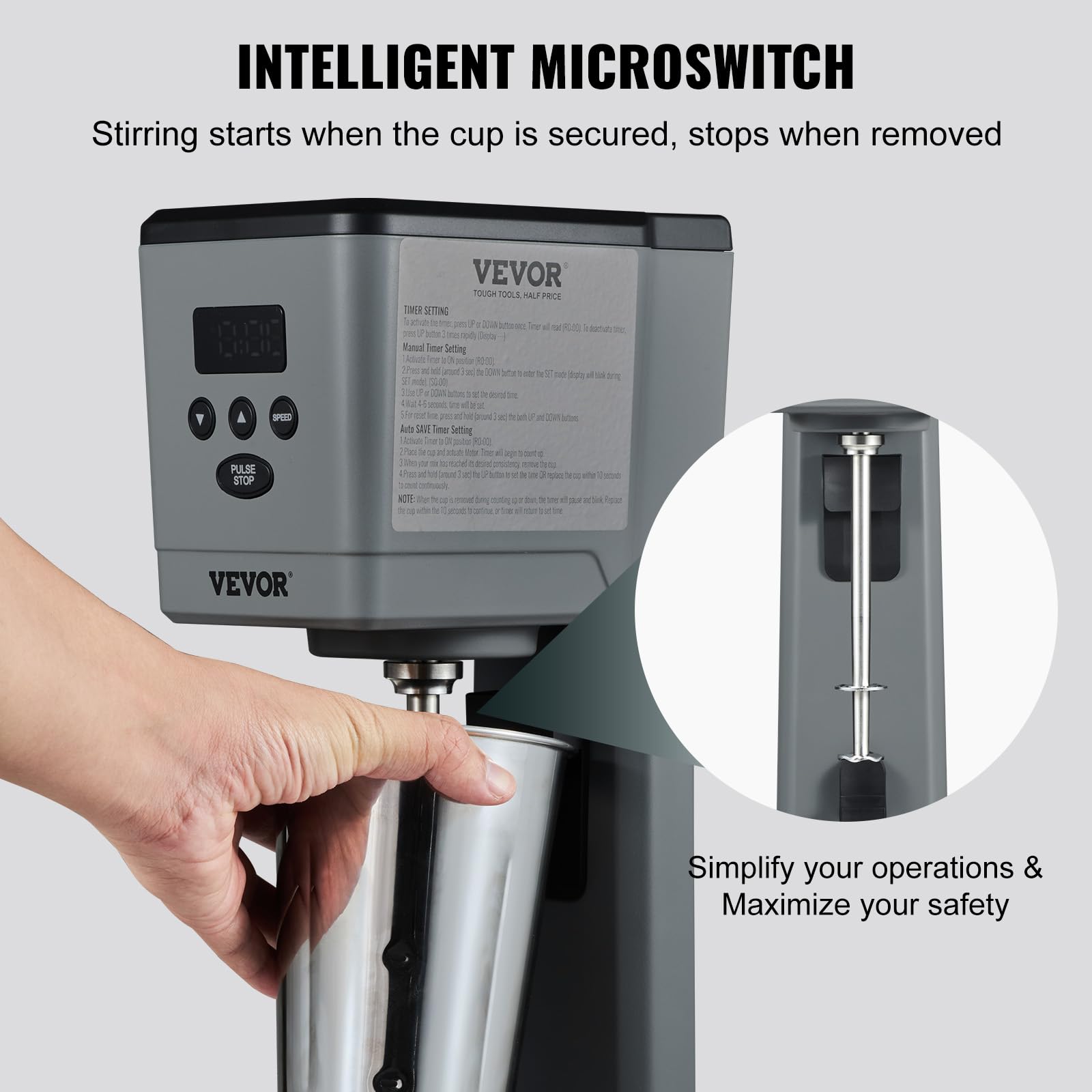 VEVOR 375W Commercial Electric Milkshake Maker Machine - Single Head Drink Mixer Blender with LED Display & 3-Speed Settings, Includes 820ml Stainless Steel Cup - Perfect for Restaurants, Cafes, Ice Cream Shops & Home Use