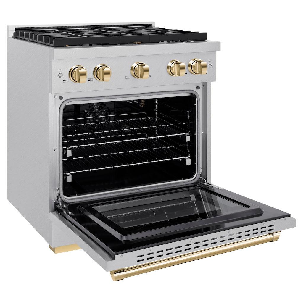 ZLINE Autograph Edition 30-inch 4.2 cu. ft. Paramount Gas Range with 4 Burner Cooktop & Convection Gas Oven - Satin Stainless Steel with Polished Gold Accents (SGRSZ 30 G) | Professional Kitchen Appliance for Home Chefs & Cooking Enthusiasts