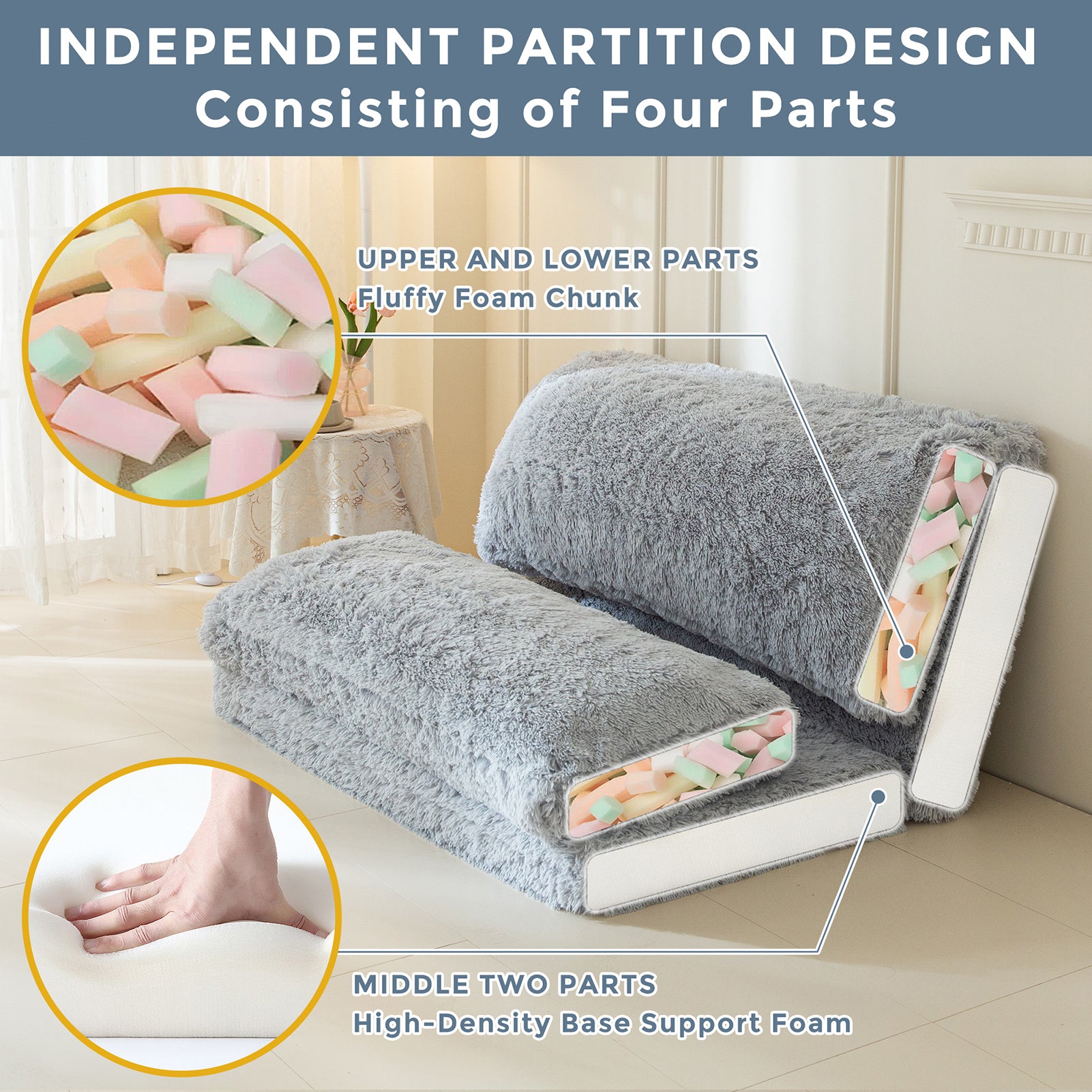 MAXYOYO Folding Floor Sofa Bed - Grey Faux Fur Bean Bag Chair with Foam Filling, Convertible Sleeper for Living Room, Bedroom & Dorm | Comfortable Lounge Seating for Relaxing, Reading & Napping