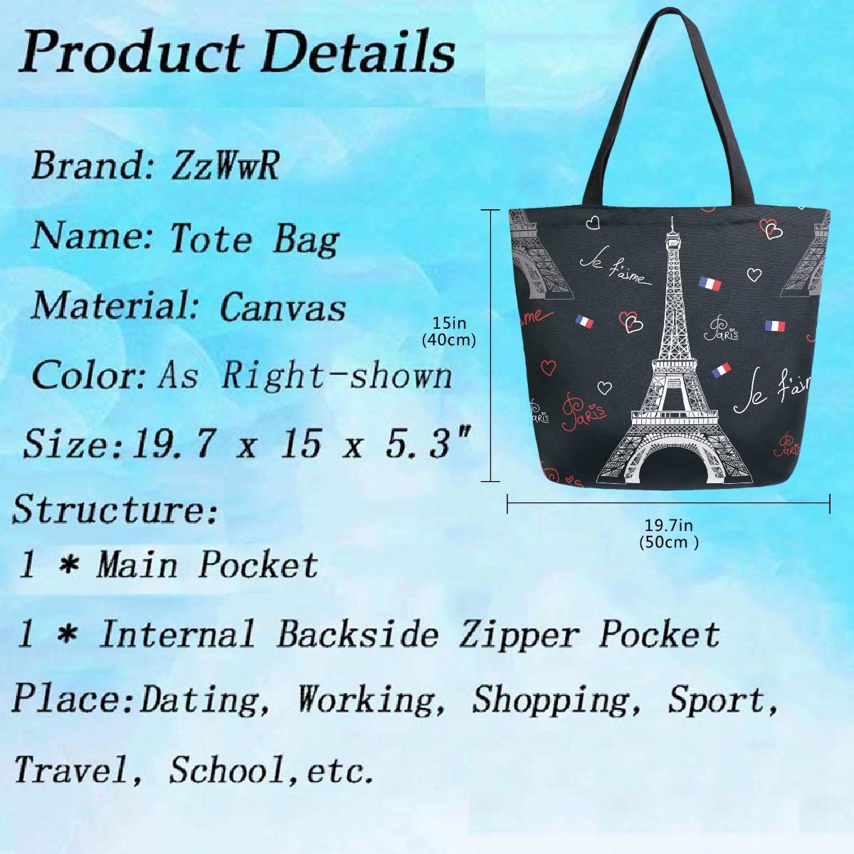 Trendy Paris Eiffel Tower Heart Print Extra Large Canvas Tote Bag - Black Oversized Shoulder Bag for Women, Gym, Beach, Travel & Grocery Shopping | Durable Reusable Weekender Bag with Top Handles