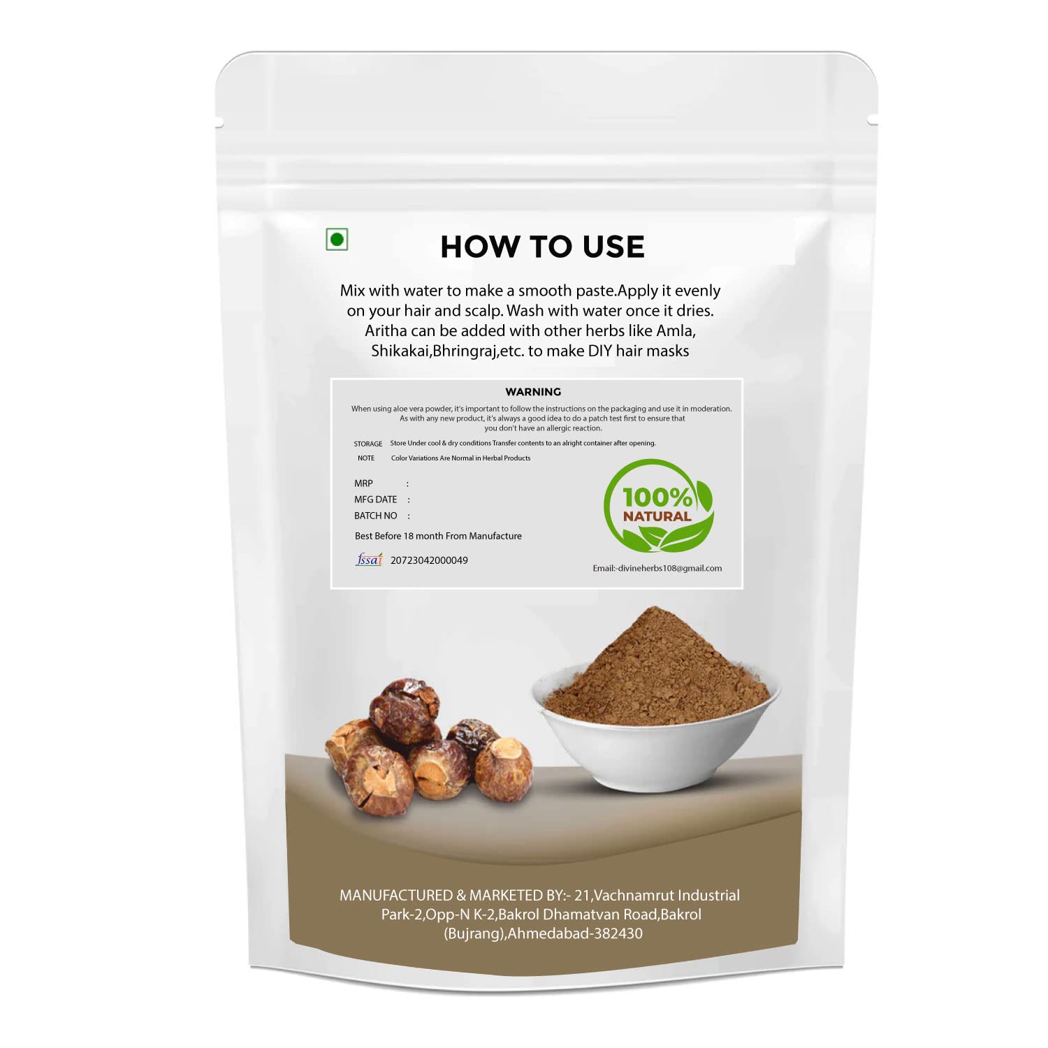 100% Natural & Organic Aritha Powder (100g) by DIVINE HERBS - Chemical-Free Hair & Skin Care Solution for Shine & Softness | Perfect for DIY Shampoo, Face Masks & Ayurvedic Beauty Treatments