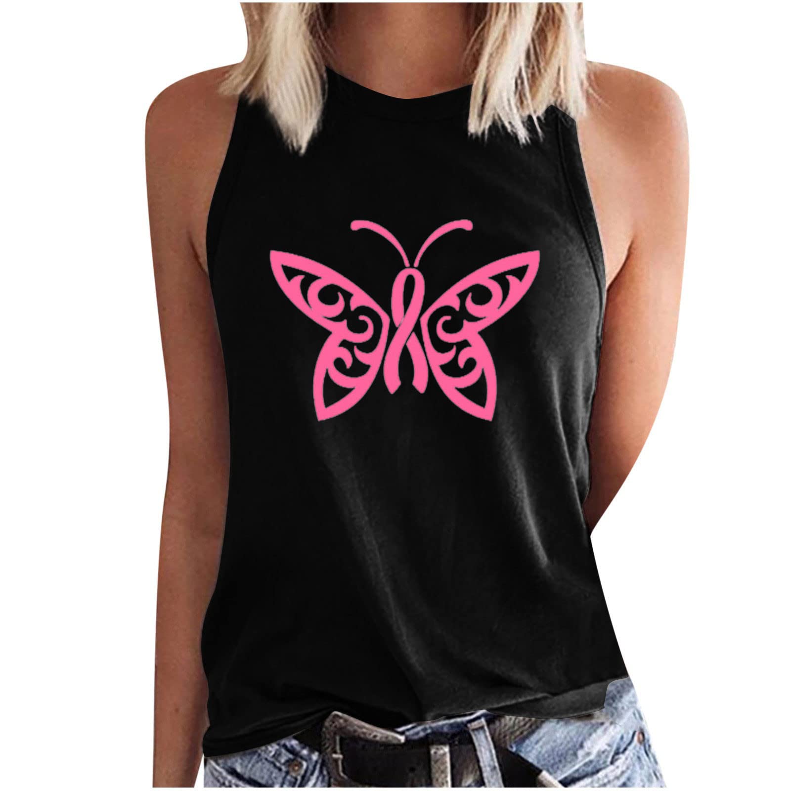 Women's Red Tank Top - Breast Cancer Awareness Sleeveless Shirt with Pink Ribbon Print | Comfortable Classic Vest Tee for Workout, Running & Casual Wear