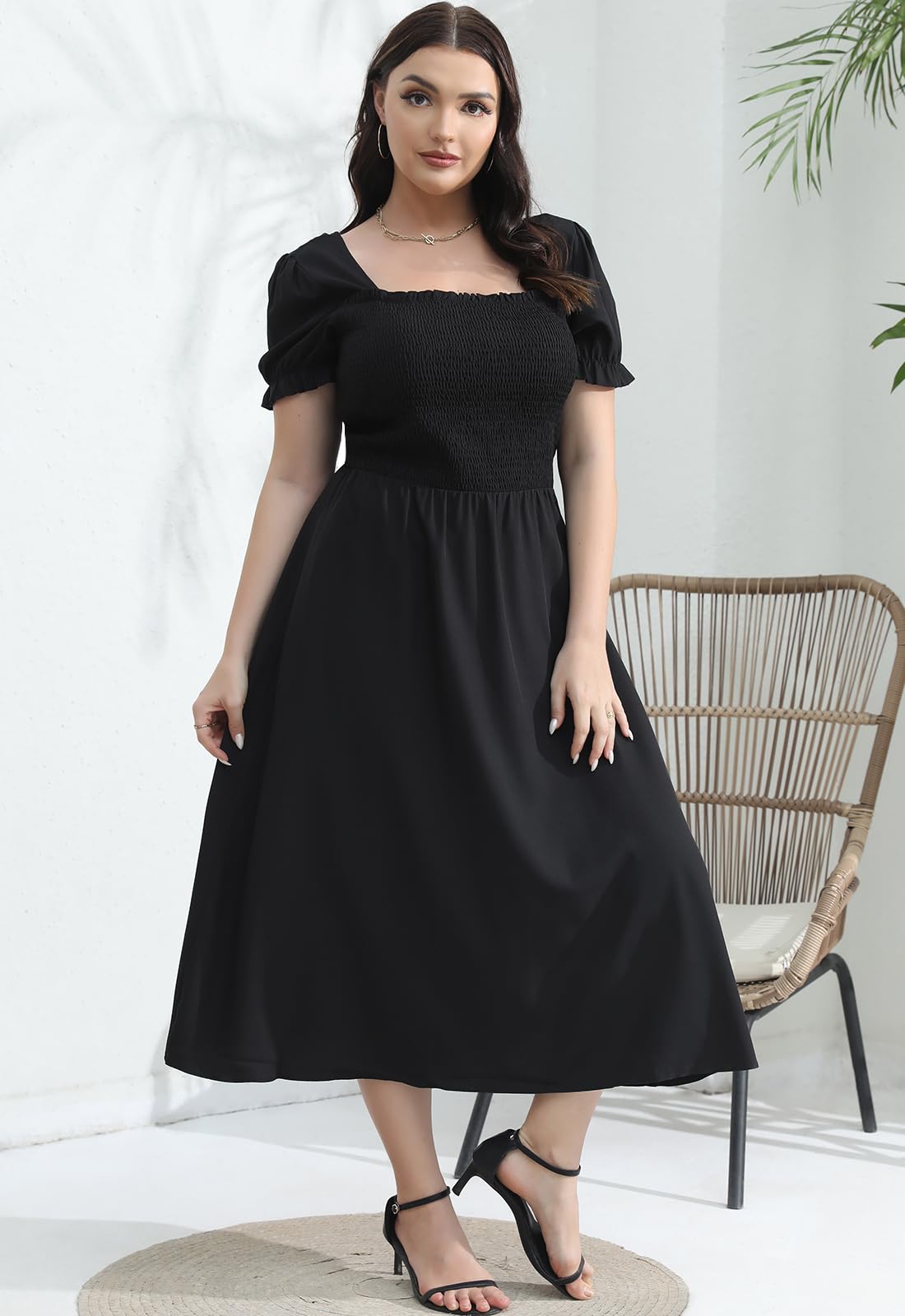 2025 Plus Size Women's Summer Casual Floral Dress - Smocked Midi Calf Length with Puff Sleeves & Pockets | Perfect for Beach Vacations, Garden Parties & Everyday Wear
