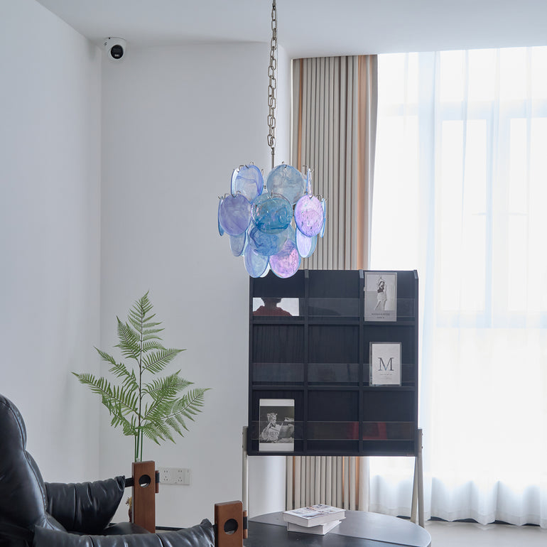 Blue Murano Glass Disc Chandelier - Elegant Venetian Style Ceiling Light Fixture for Dining Room, Living Room & Bedroom Decor