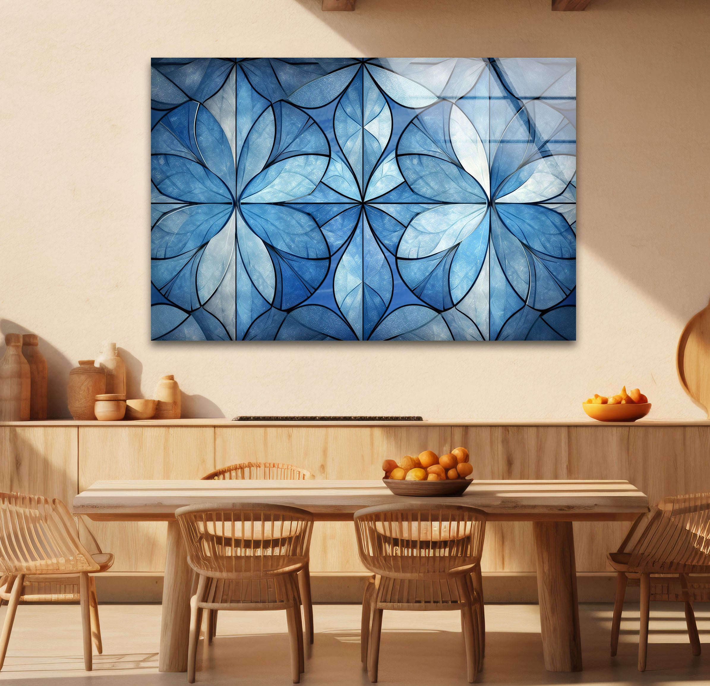 Blue Floral Geometric Wall Art - Modern Glass Panel with Elegant Petal Design for Home Decor, Living Room & Office