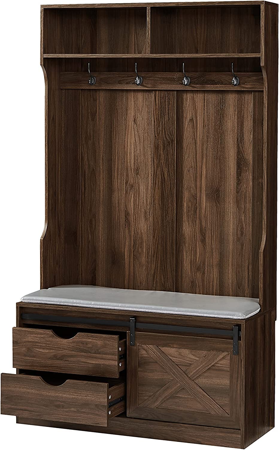 Betoko 71 Inch Farmhouse Entryway Hall Tree with Bench, Coat Racks & Sliding Barn Door - Wooden Mudroom Storage Bench with Drawers, Walnut Finish - Perfect for Entryway, Foyer & Home Organization