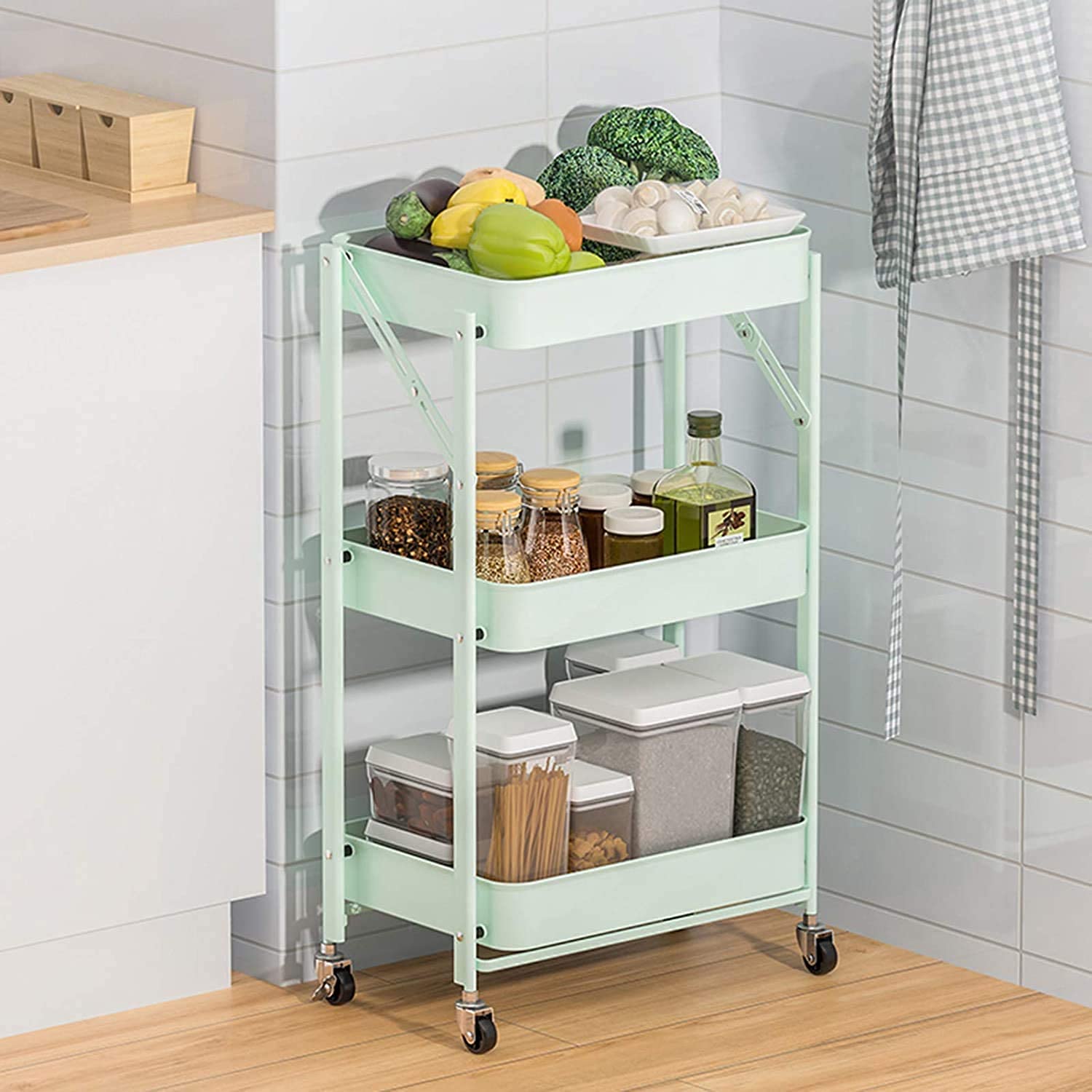 HTLLT 3-Tier Foldable Metal Storage Cart with Wheels - Utility Rolling Organizer Trolley for Kitchen, Home, Bedroom, Nursery - Perfect for Organizing Spices, Toys, Books & Bathroom Essentials