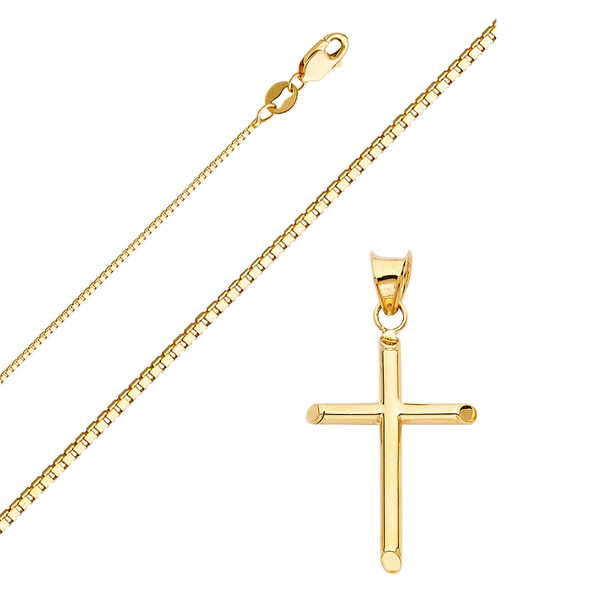 14K Yellow Gold Box Chain Cross Pendant Necklace for Men & Women - Real Gold Religious Jewelry - Perfect Gift for Baptism, Confirmation, Christmas & Everyday Wear