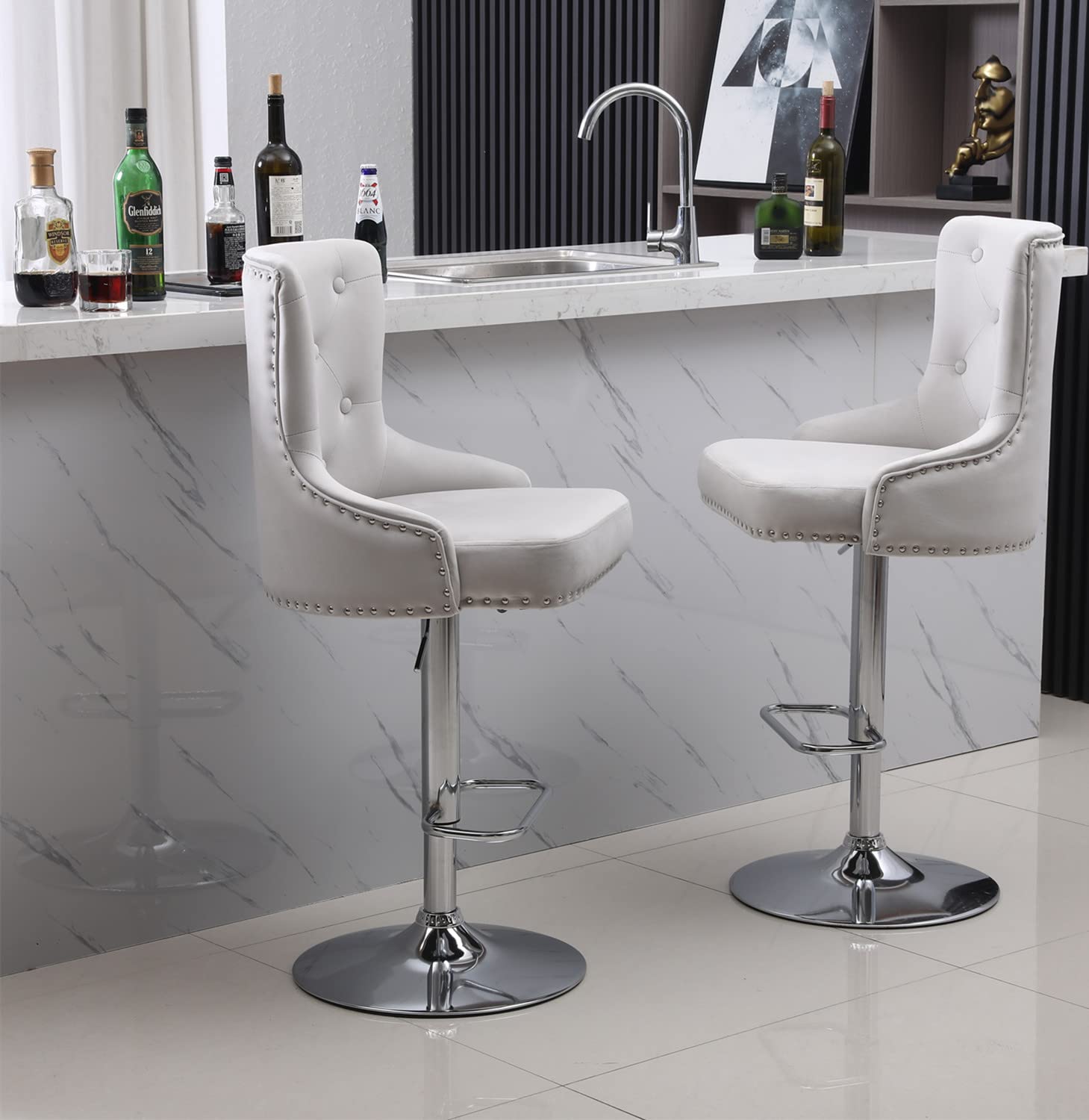 Modern Velvet Bar Stools Set of 4 - Adjustable Height High Back Counter Stools for Kitchen Island, Pub, Bar & Dining Room - Light Grey Upholstered Seating for Home & Commercial Use