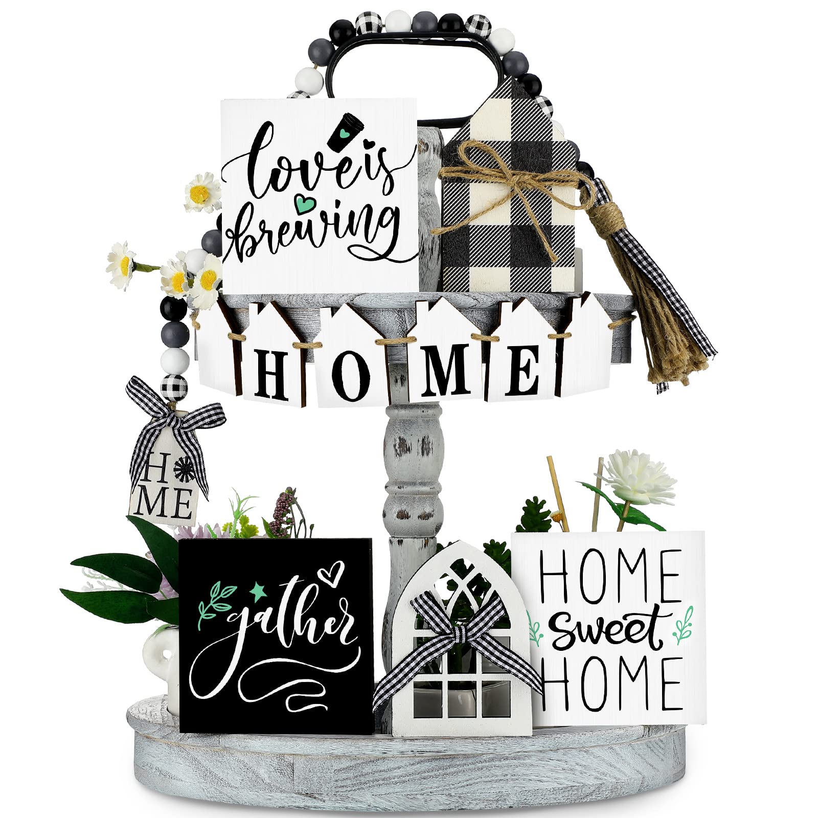 14-Piece Farmhouse Tiered Tray Decor Set - Rustic Wooden Home Decor with Wood Bead Garland & Tassel - Perfect for Kitchen Shelf, Window Frames, and Farmhouse Style Home Decoration - Ideal for Holiday Display, Wedding Centerpiece, and Rustic Themed Parties