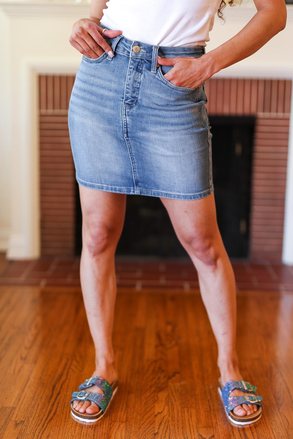 Judy Blue Medium Wash High Rise Tummy Control Denim Skirt for Women - Slimming Stretch Jeans Skirt for Casual Outfits & Date Nights