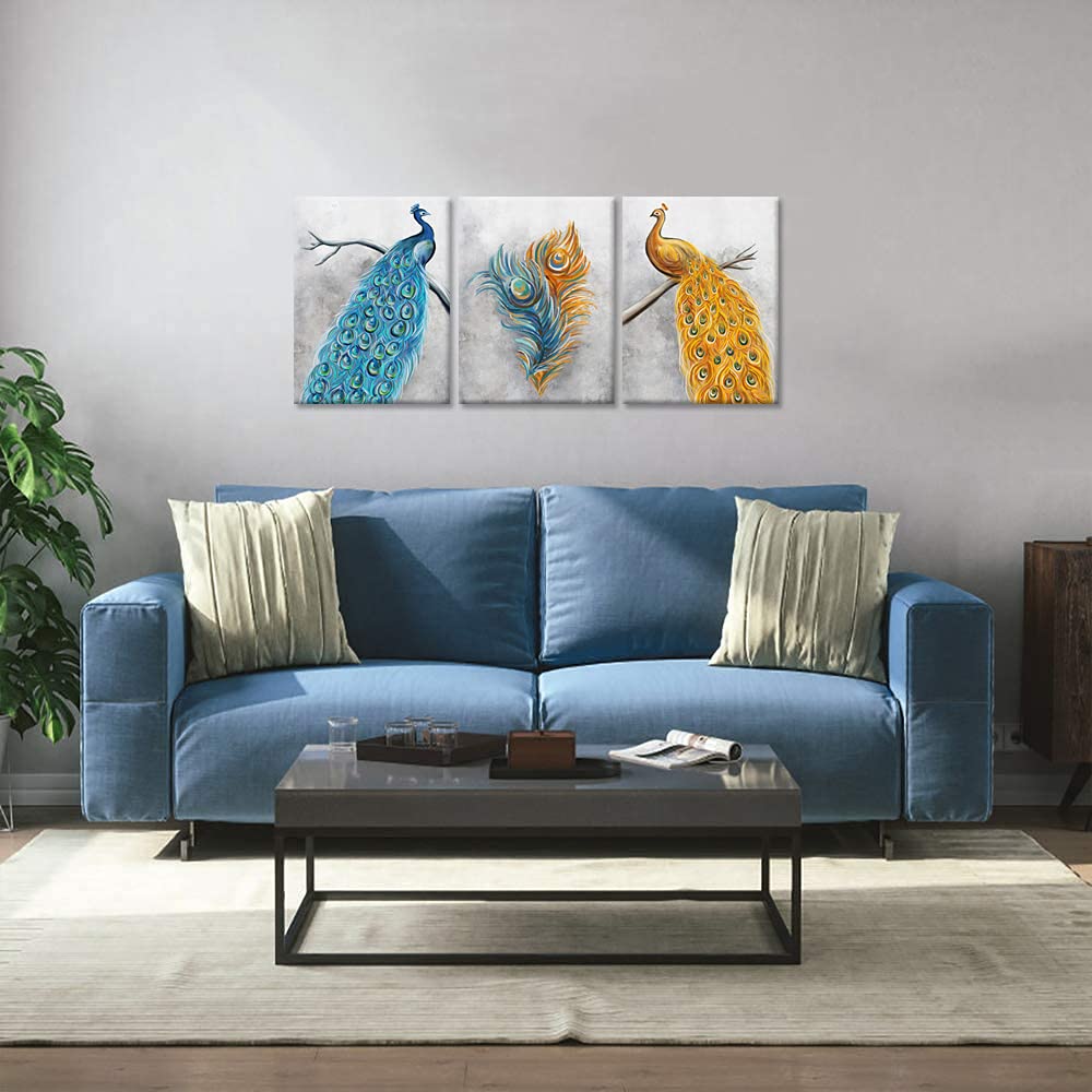 Peacock Blue and Gold Canvas Wall Art - Abstract Peacock Feather Painting for Kitchen, Bedroom & Living Room Decor | Modern Animal Print Aesthetic Home Décor