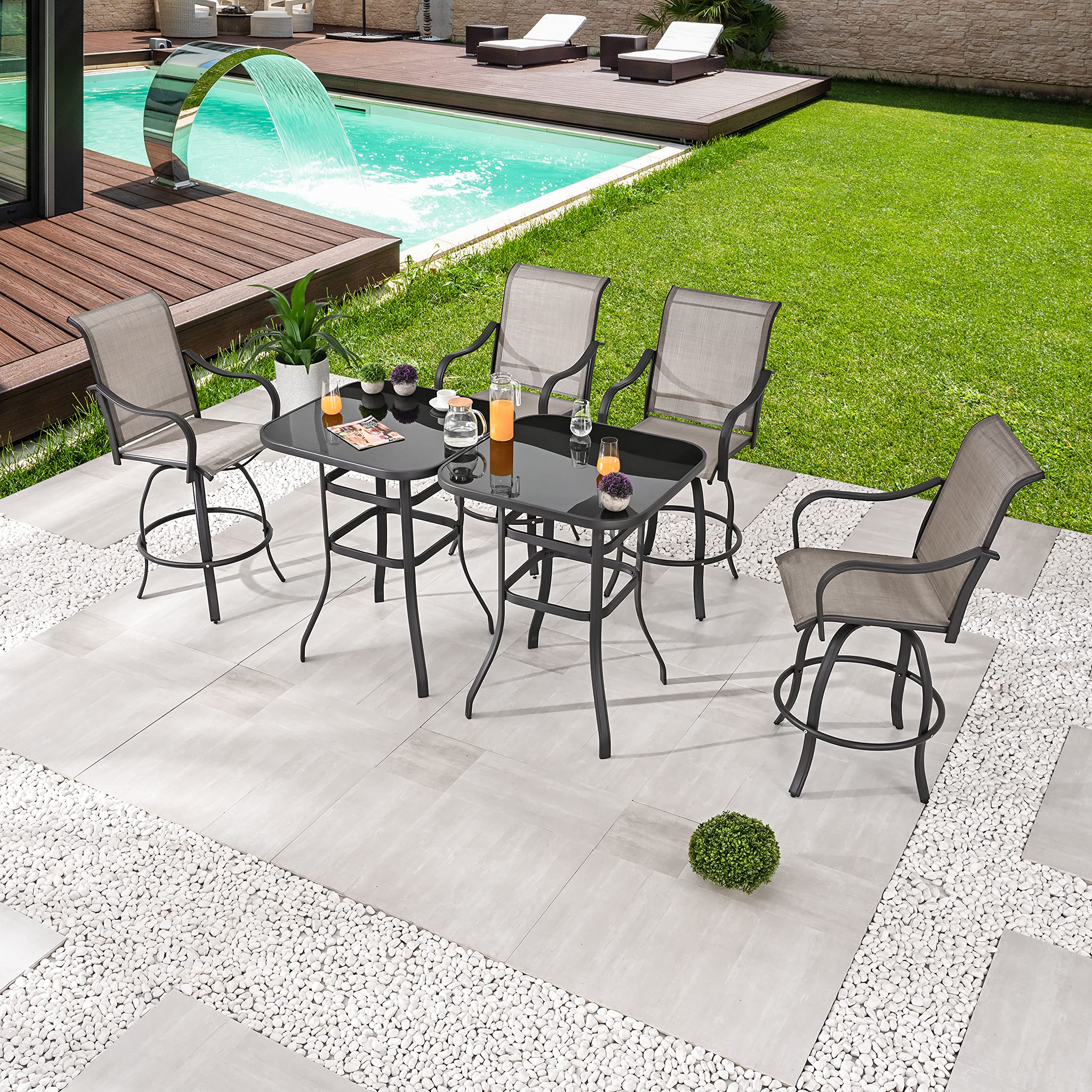 6-Piece Patio Dining Set with Swivel Bar Stools & Tempered Glass Table - Outdoor Metal Bistro Furniture for Yard, Garden, Deck or Poolside (Taupe) - Perfect for Entertaining, BBQs & Relaxing Outdoors