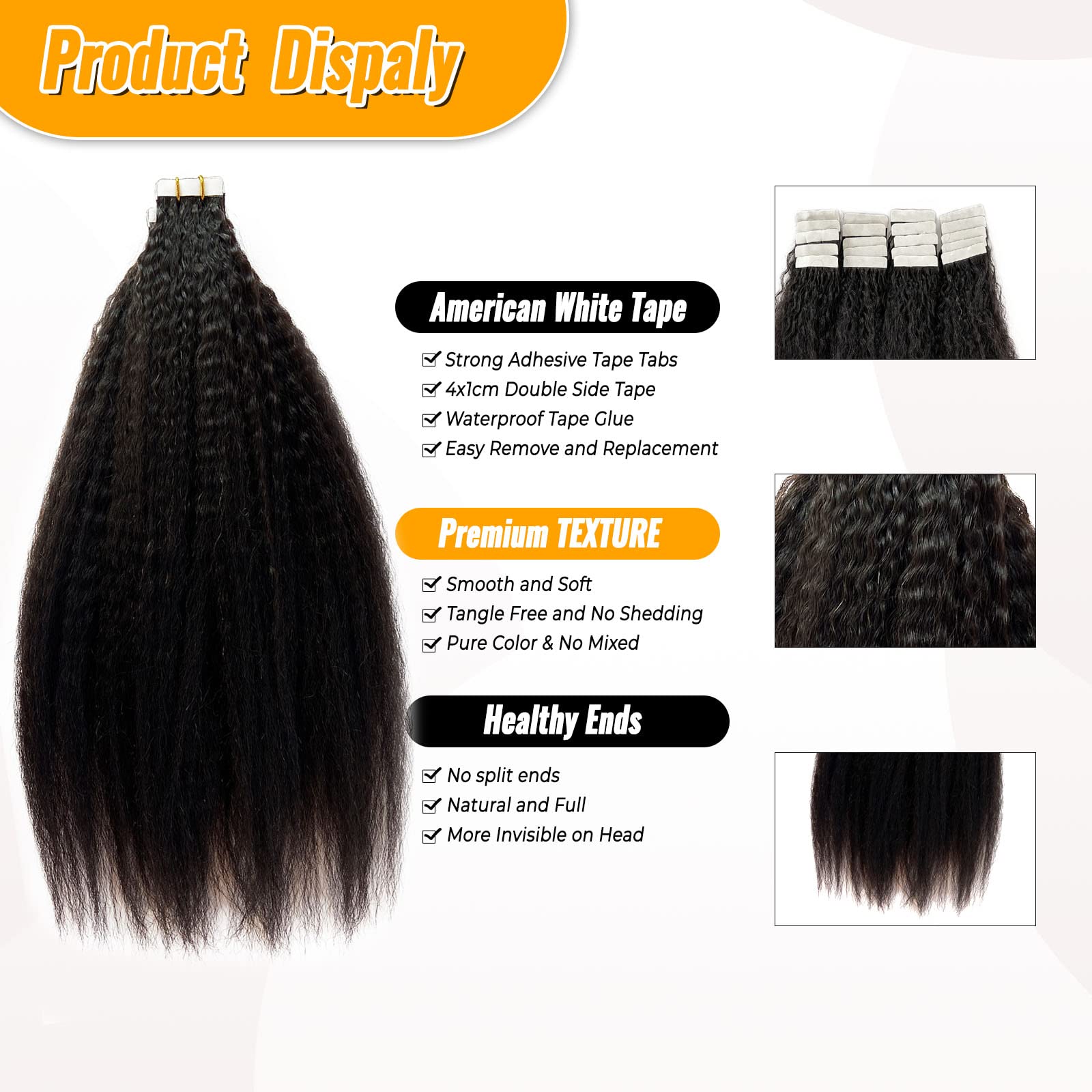 18 Inch Kinky Straight Tape-In Human Hair Extensions - 20 Pieces 50G, 100% Remy Human Hair, Invisible & Seamless for Black Women | Perfect for Styling, Volume Boost & Natural Look