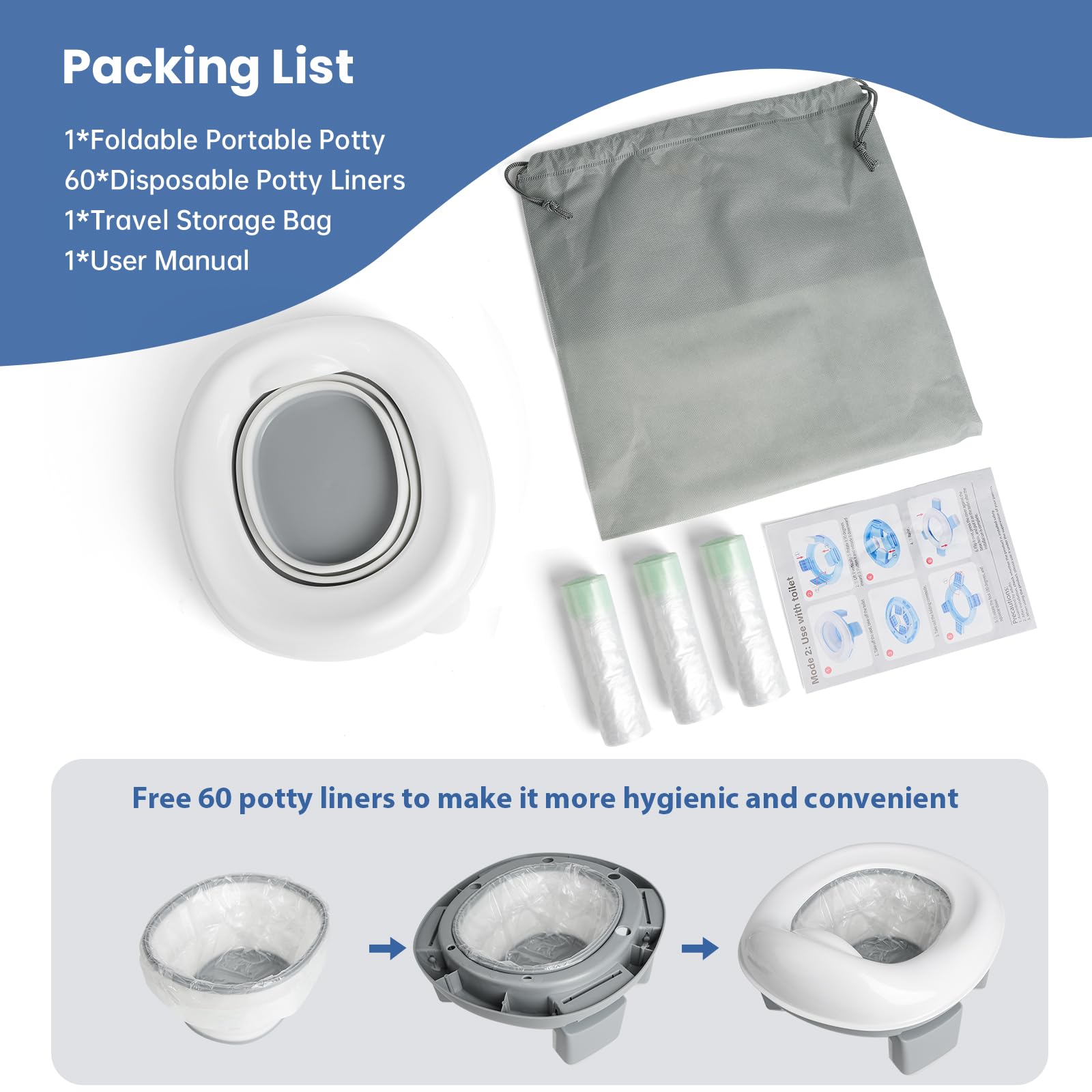 Portable Toddler Travel Potty - Foldable Kids Potty Training Toilet with Splash Guard for Boys & Girls | Car Potty Seat with Travel Bag & 60 Liners | Ideal for Road Trips, Camping & Outdoor Activities