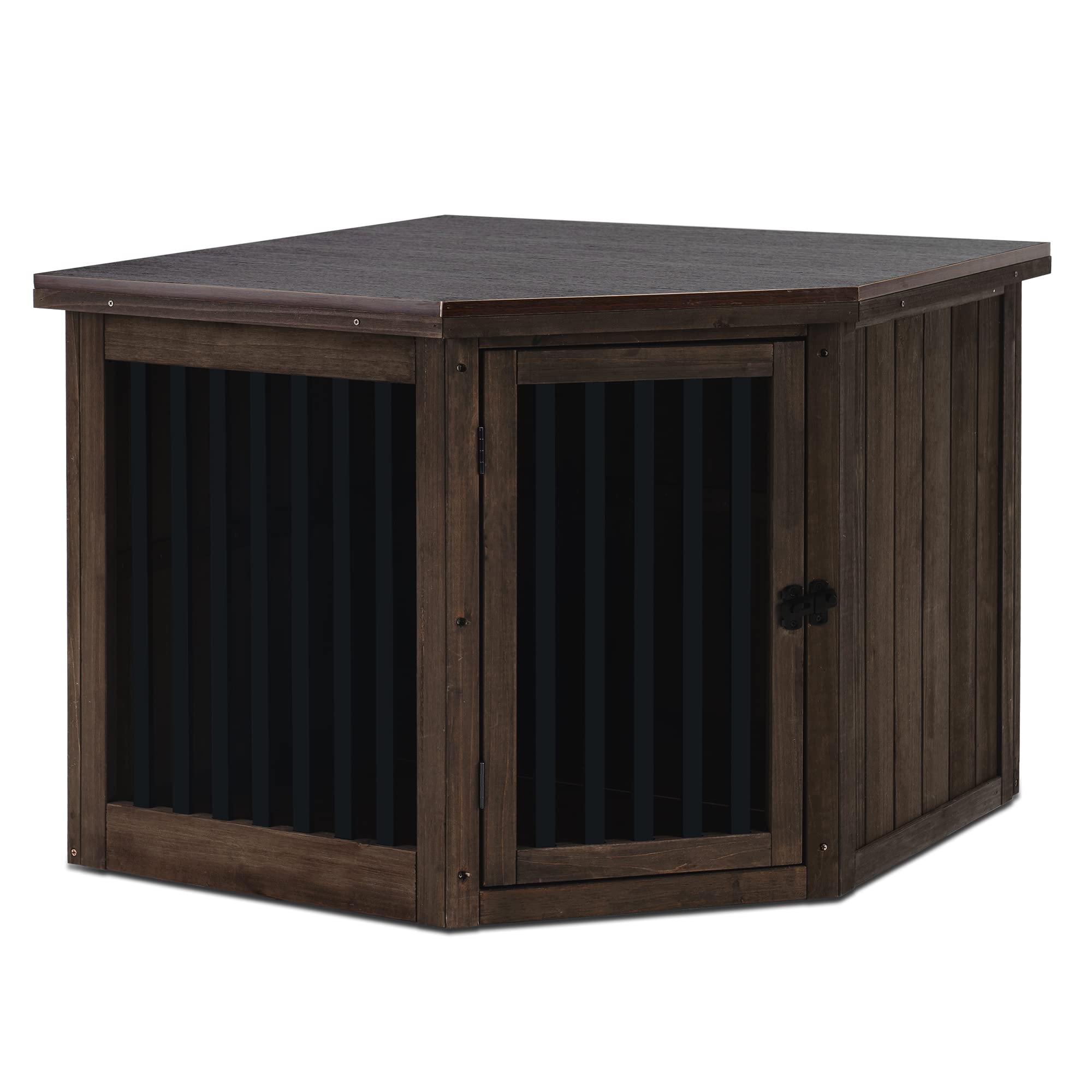 MCombo Corner Dog Crate - Wooden Pet Kennel with Door, Indoor Dog House End Table for Small to Medium Dogs (Medium, Brown) - Perfect for Living Room, Bedroom & Apartment Decor