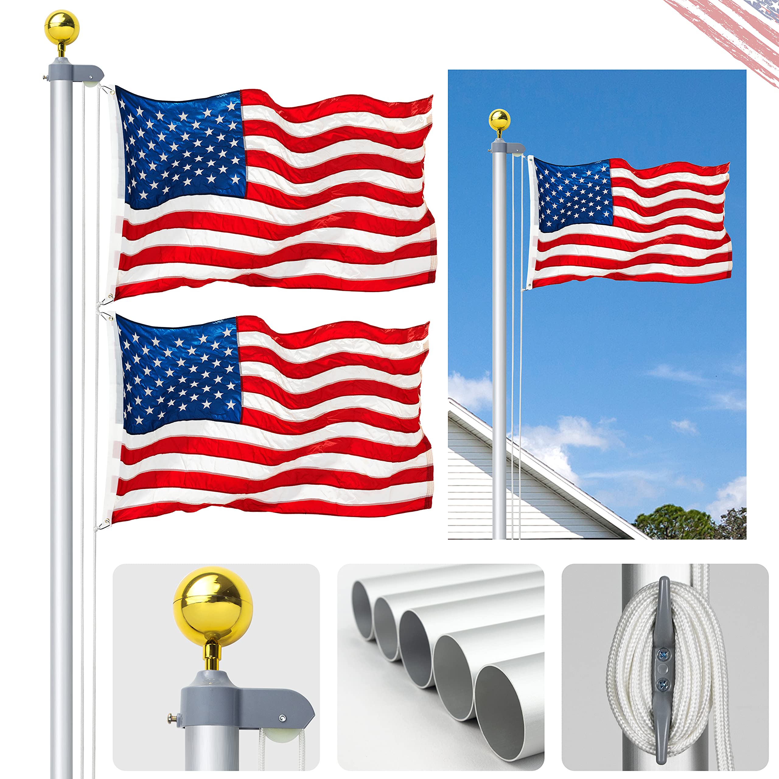 VAIIGO 25FT Heavy Duty Aluminum Sectional Flag Pole Kit - Fly 2 Flags with Free 3x5 American Flag, Golden Top Ball & Clips - Inground Flagpole for Outdoor, Commercial, Residential Use - Perfect for Patriotic Displays, Business Signage & Home Decor