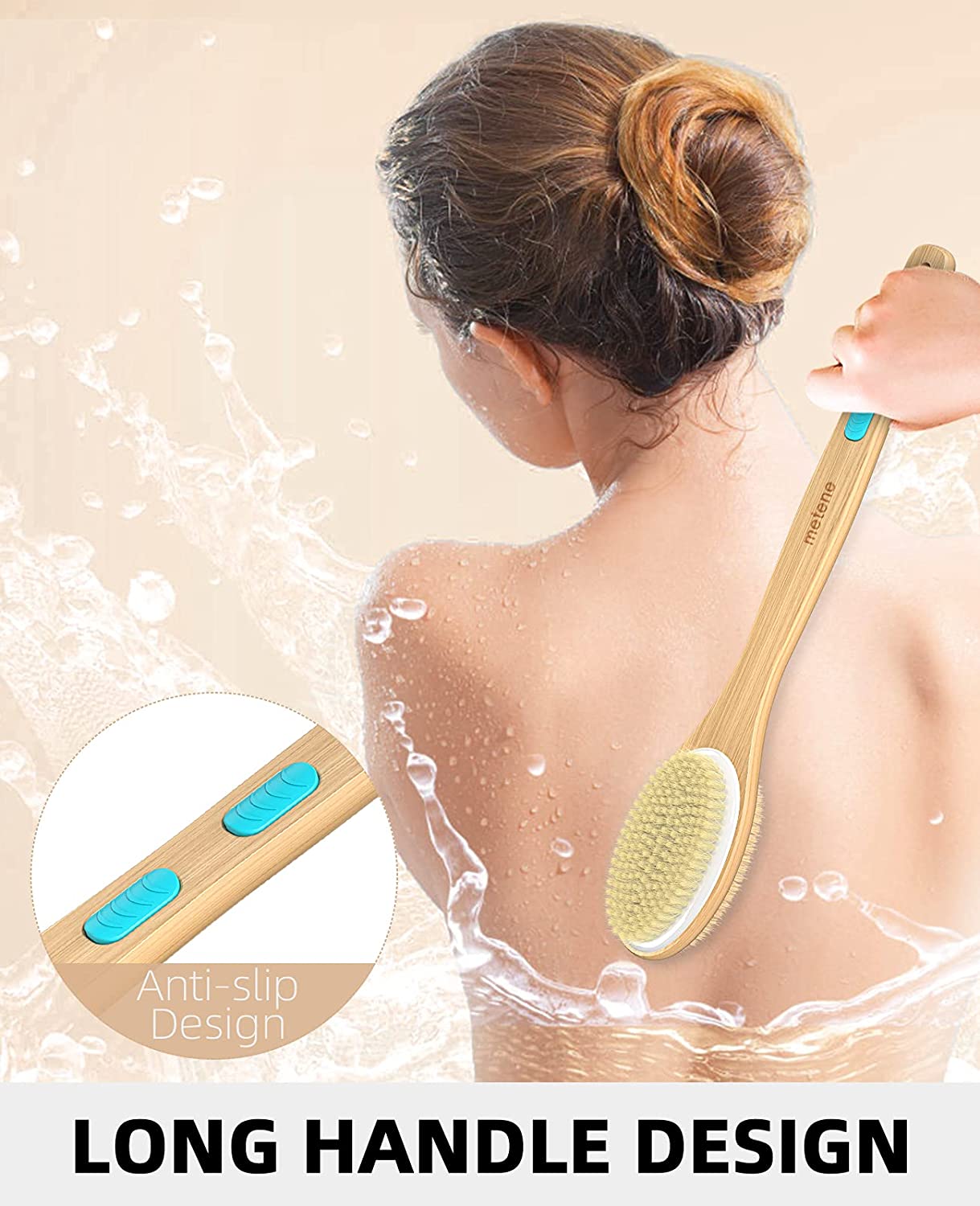 Metene Dual-Sided Shower Brush with Soft & Stiff Bristles - Long Handle Back Scrubber with Hook - Perfect for Exfoliating & Deep Cleaning in Bath or Shower