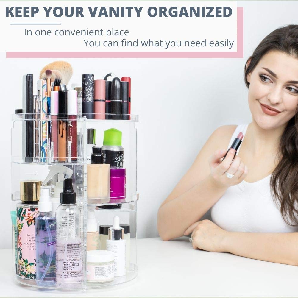 360° Rotating Acrylic Makeup Organizer - Spinning Lazy Susan Cosmetic Storage for Bathroom, Vanity & Dresser | Holds Makeup, Brushes, Perfumes, Creams & Skincare Products | Clear Desktop Organizer for Easy Access & Space Saving