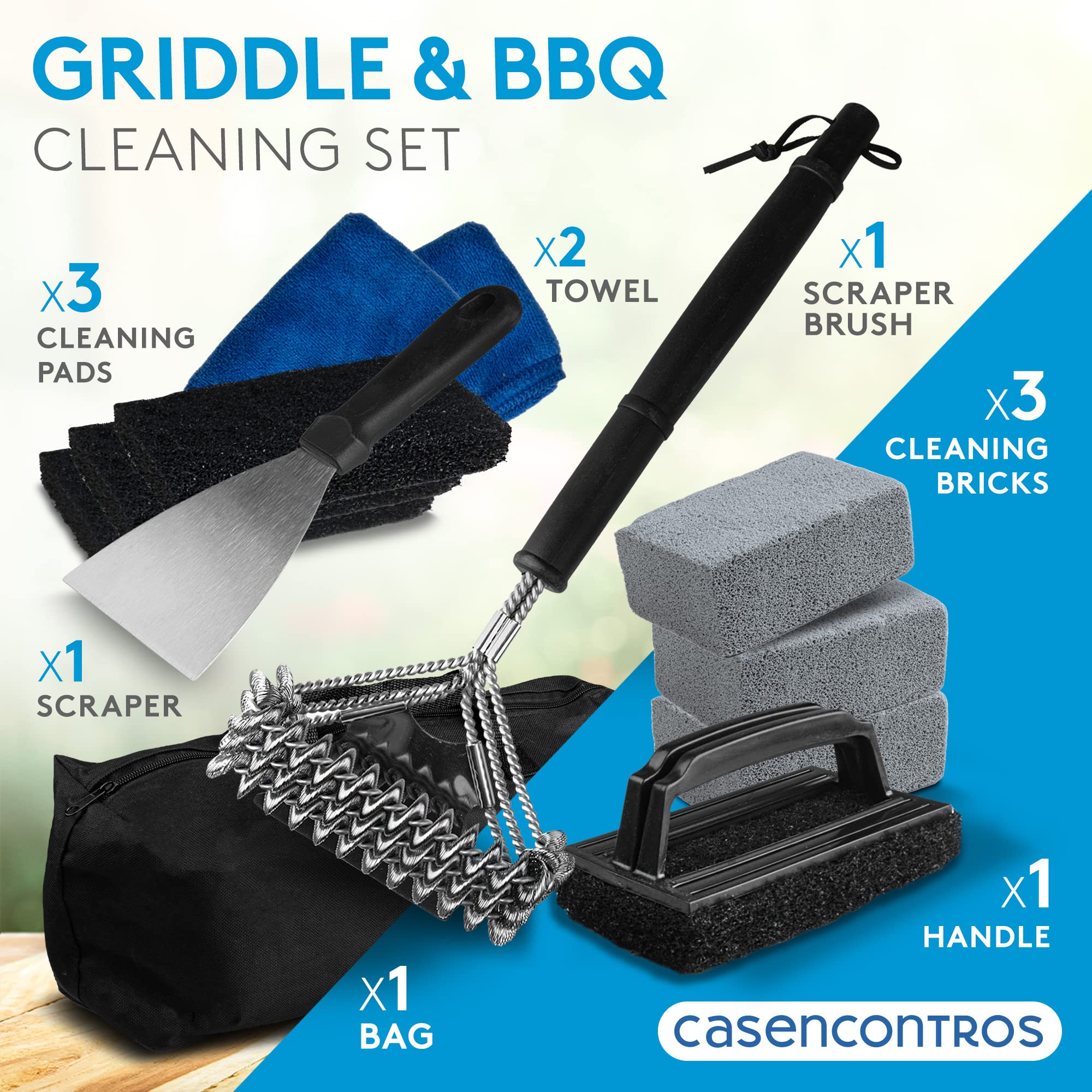 **12-Piece Blackstone Griddle Cleaning Kit - Heavy Duty Grill Scraper, Scrub Pads, Scraper Brush, Cleaning Bricks & Towels for Flat Top Grill Maintenance | Perfect for Outdoor Cooking & Backyard BBQs**
