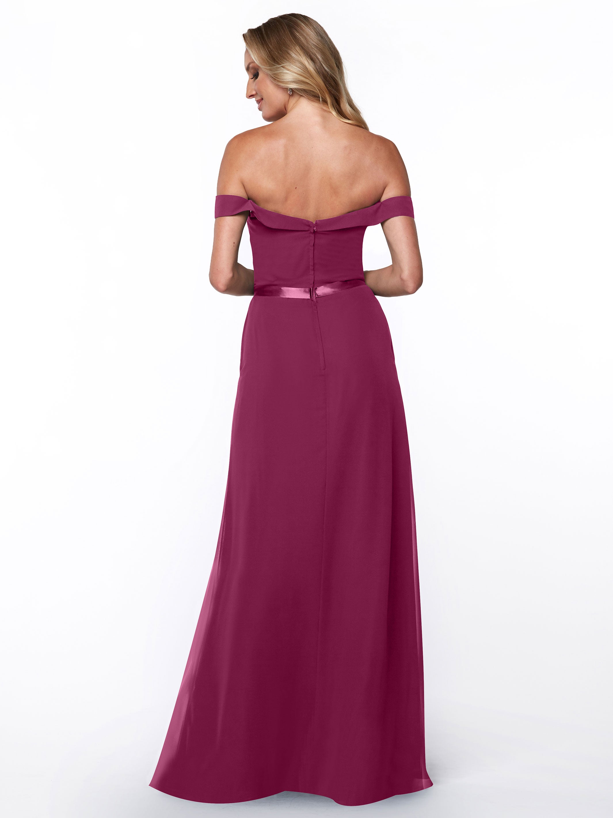 Elegant 80145 Off-The-Shoulder Chiffon A-Line Bridesmaid Dress with Sash - Perfect for Weddings, Formal Events & Special Occasions