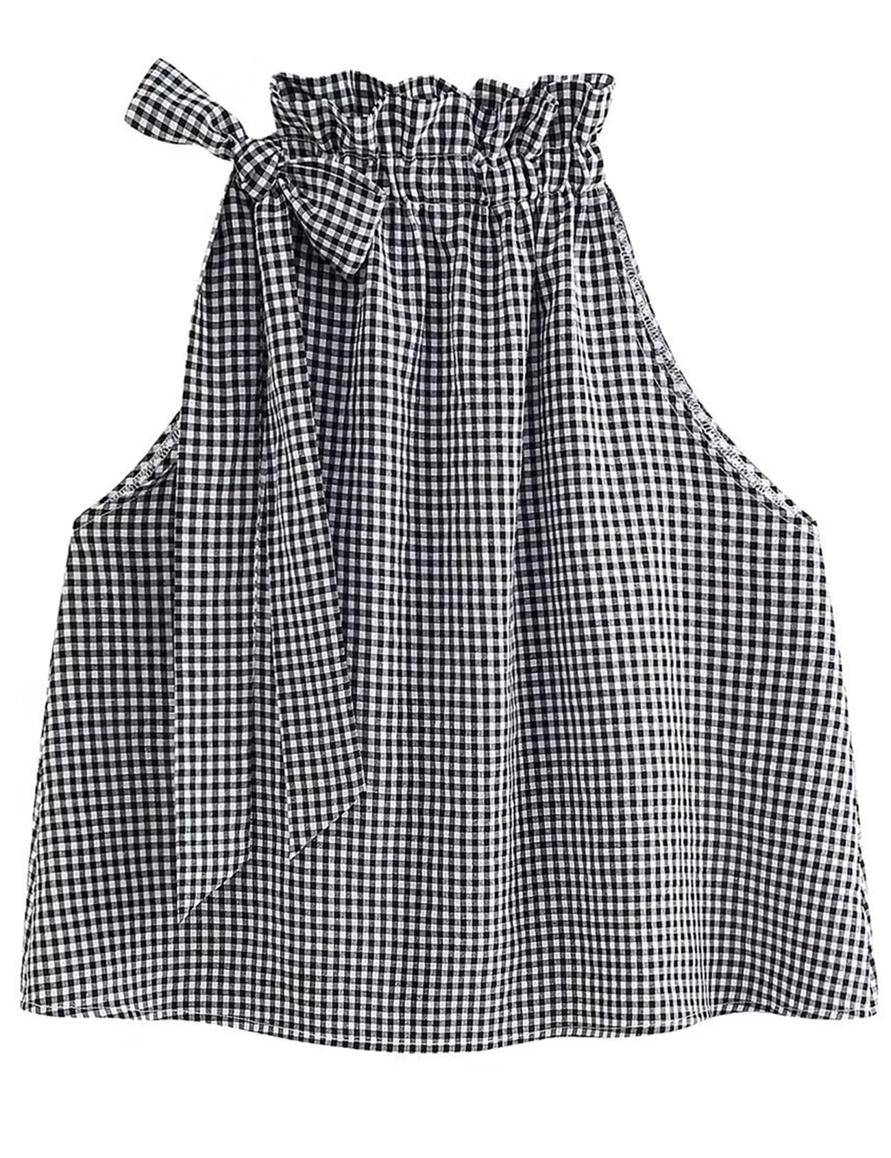 Womens Sleeveless Tie Mock Neck Blouse - Loose Casual Plaid Gingham Halter Tank Top with Ruffle Detail | Perfect for Summer Outfits, Beach Wear & Casual Office Attire