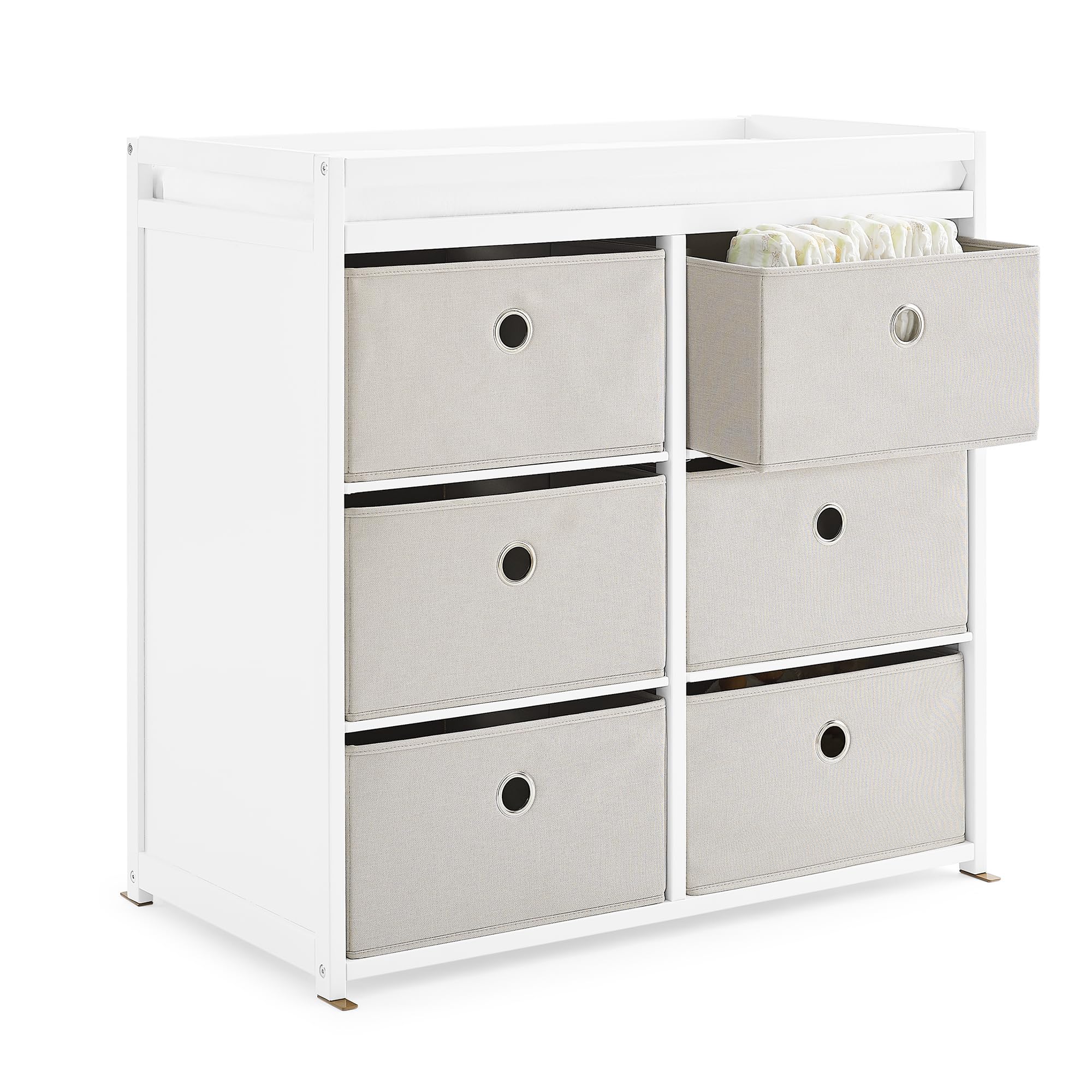 Delta Children Hayes Changing Table & Dresser - 6 Fabric Drawer Nursery Organizer in Bianca White/Flax Bins | Baby Changing Station with Storage for Diapers, Wipes & Clothes | Perfect for Nursery, Bedroom & Baby Shower Gifts