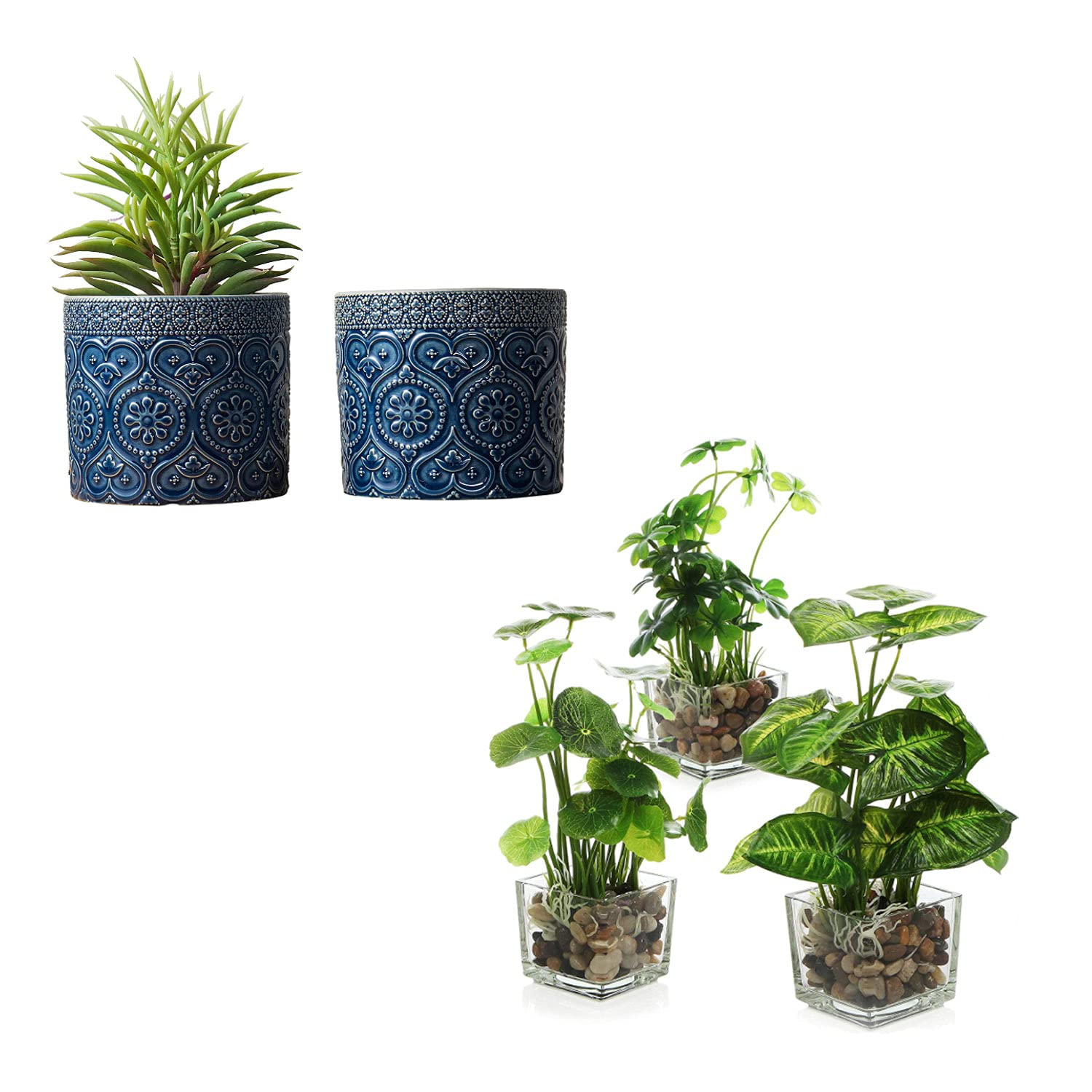 Set of 3 Artificial Plants with Clear Glass Pots & 2 Cobalt Blue Ceramic Succulent Planters - Faux Tabletop Greenery for Home Office Decor, Wedding Centerpieces, and Shelf Displays