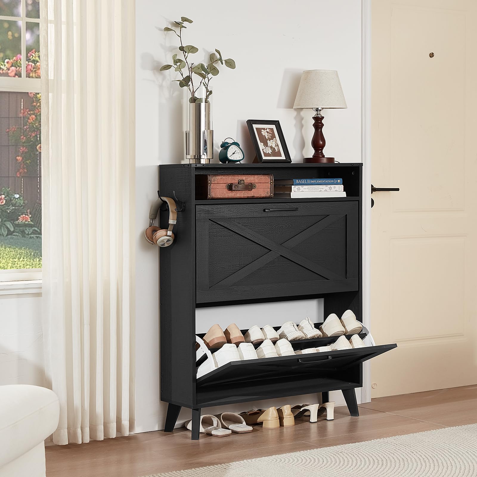 Farmhouse Shoe Storage Cabinet with 2 Flip Drawers - Narrow Entryway Organizer with Wooden Legs & Open Storage - Free Standing Closet for Foyer, Hallway, Bedroom - Perfect for Small Spaces & Home Organization (Black)