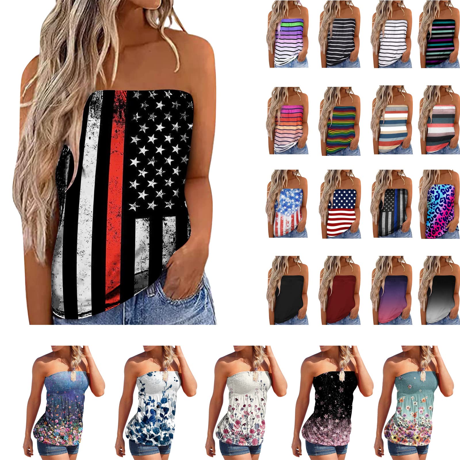 Women's Striped Strapless Bandeau Tank Tops - Summer Sleeveless Loose Tube Top Shirt for Casual Wear & Beach Vacation | Perfect for Pool Parties, Music Festivals and Tropical Getaways