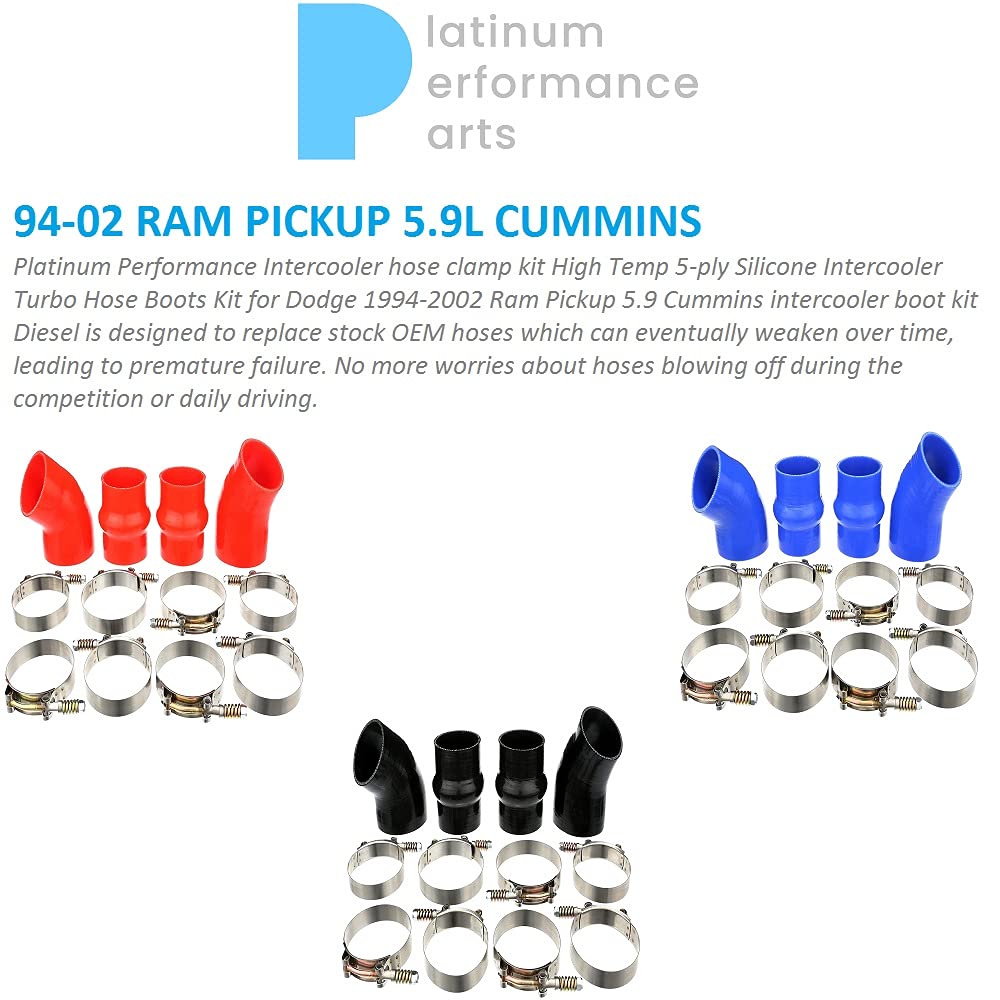 Heavy Duty Silicone Intercooler Boot Kit for Dodge Ram Cummins 5.9L Diesel (1994-2002) - Heat, Pressure, Fuel & Oil Resistant Hose (Blue) - Perfect for Truck Upgrades & Off-Road Performance