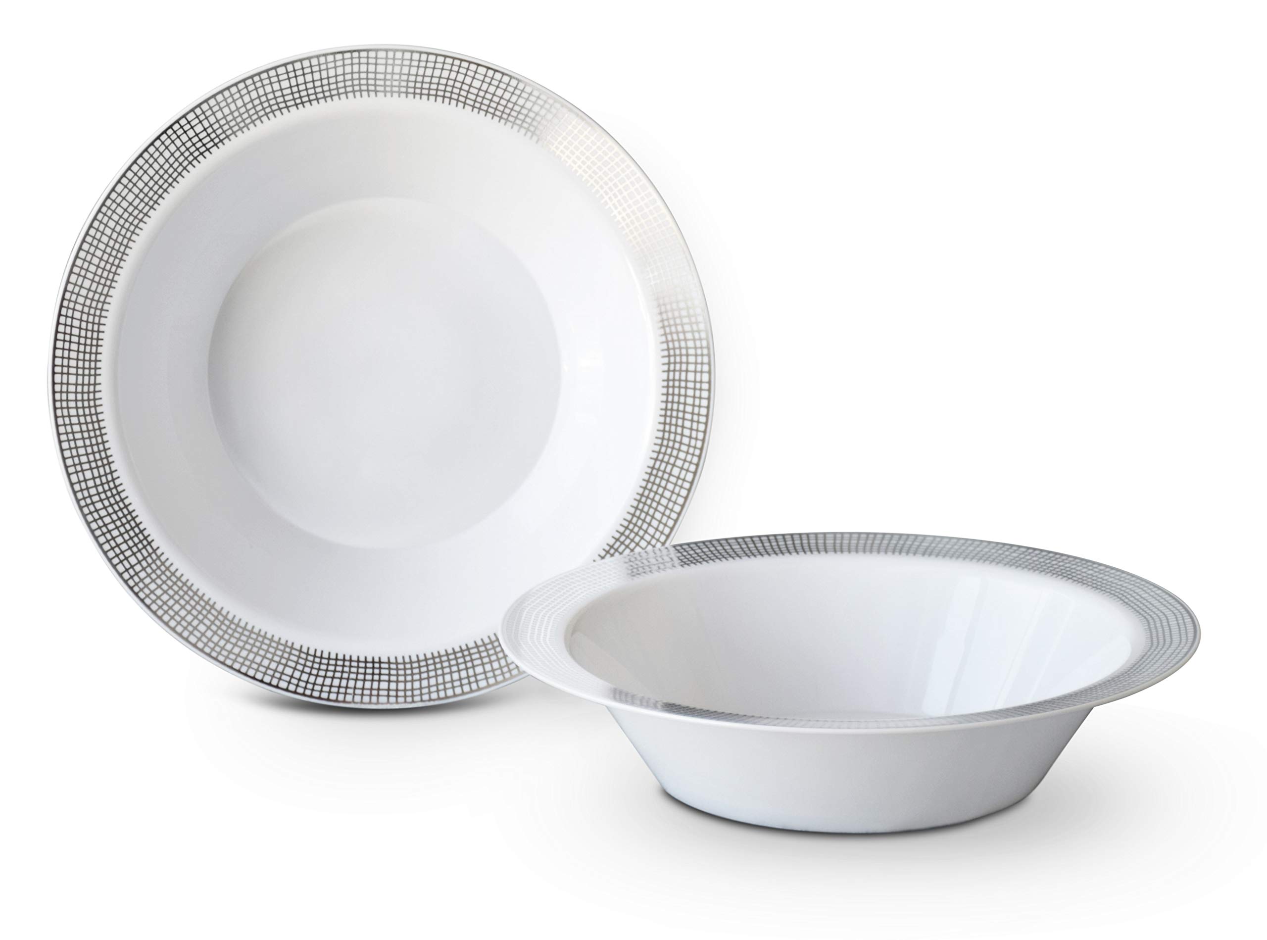 60-Piece Heavyweight Disposable Plastic Plates & Bowls Set - 14oz Soup Bowls for Weddings, Parties & Events (Linen White & Silver) - Perfect for Catering, Picnics & Large Gatherings