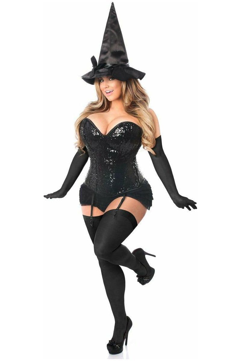 Women's Daisy Corset Top with Sequin Details - 4-Piece Witch Costume Set for Halloween, Cosplay & Burlesque Shows