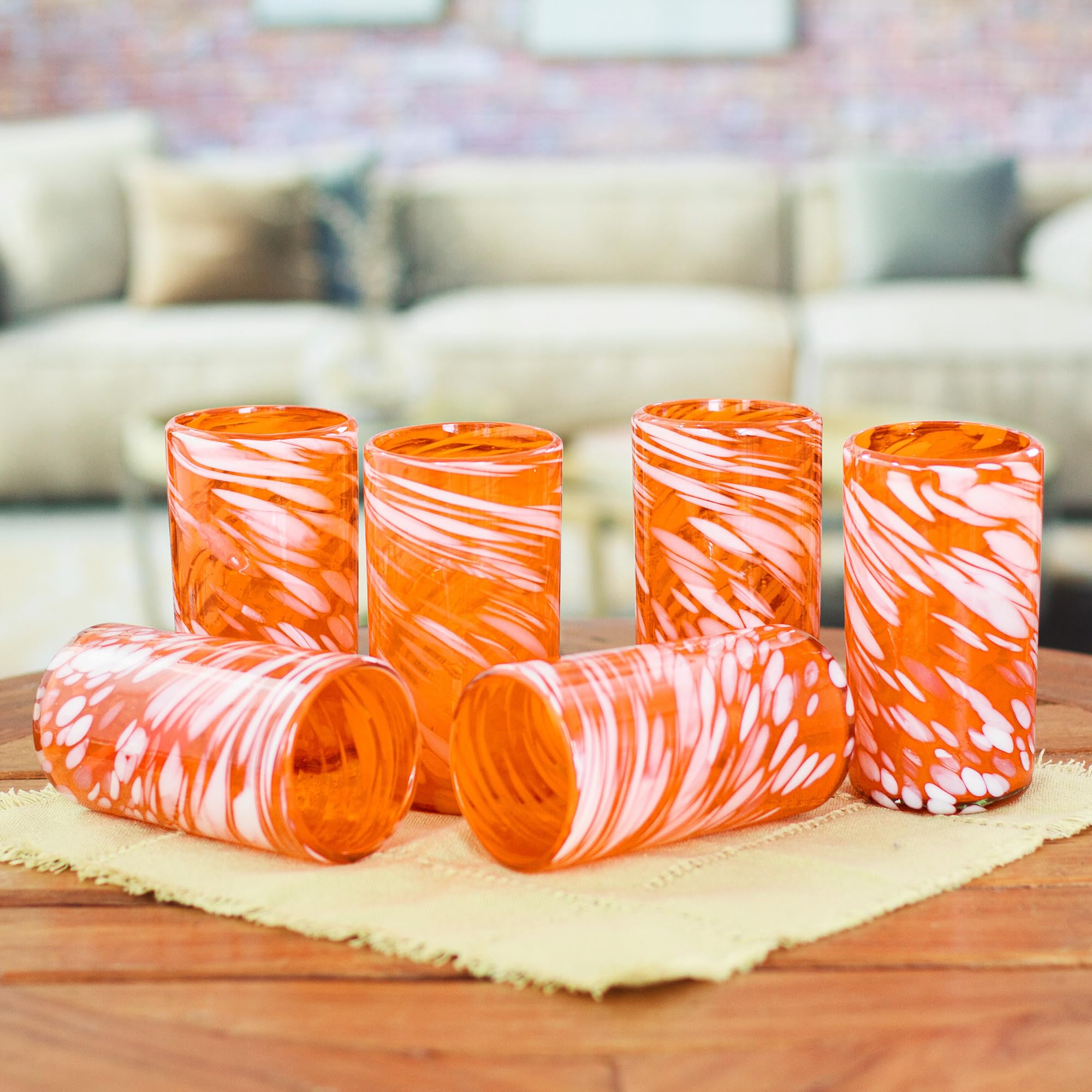 NOVICA Handblown Recycled Glass Tumblers Set of 6 - Striped Juice Glasses, Elegant Emerald Orange Drinkware, 6