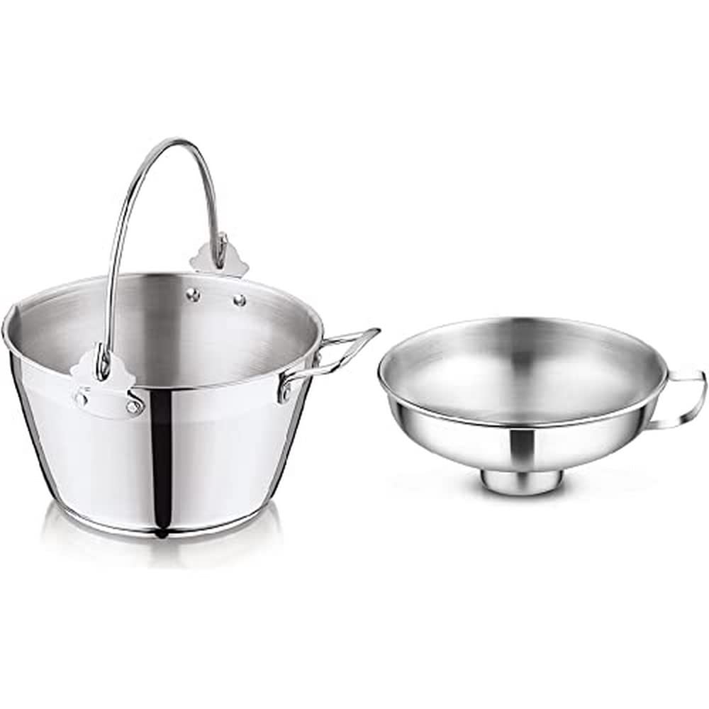 Penguin Home 5L Stainless Steel Maslin Pan with 14cm Wide Neck Jam Funnel - Canning Pot with Side Handle for Preserving, Jam Making, and Fruit Processing - Perfect for Home Canning, DIY Jams, and Preserves