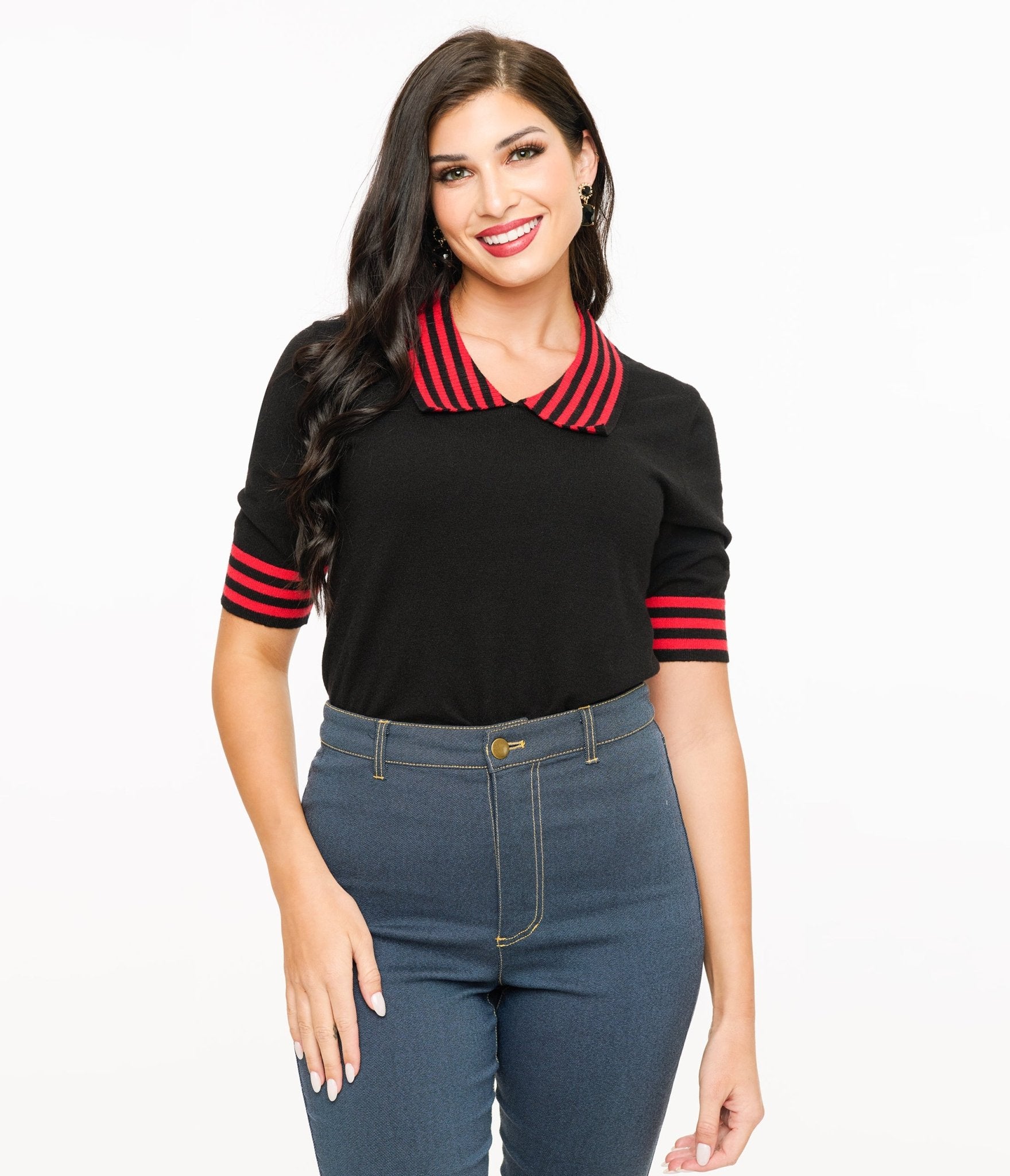 Black & Red Striped Collar Knit Sweater for Women - Cozy Winter Pullover with Ribbed Cuffs | Perfect for Casual Outfits, Office Wear & Holiday Parties