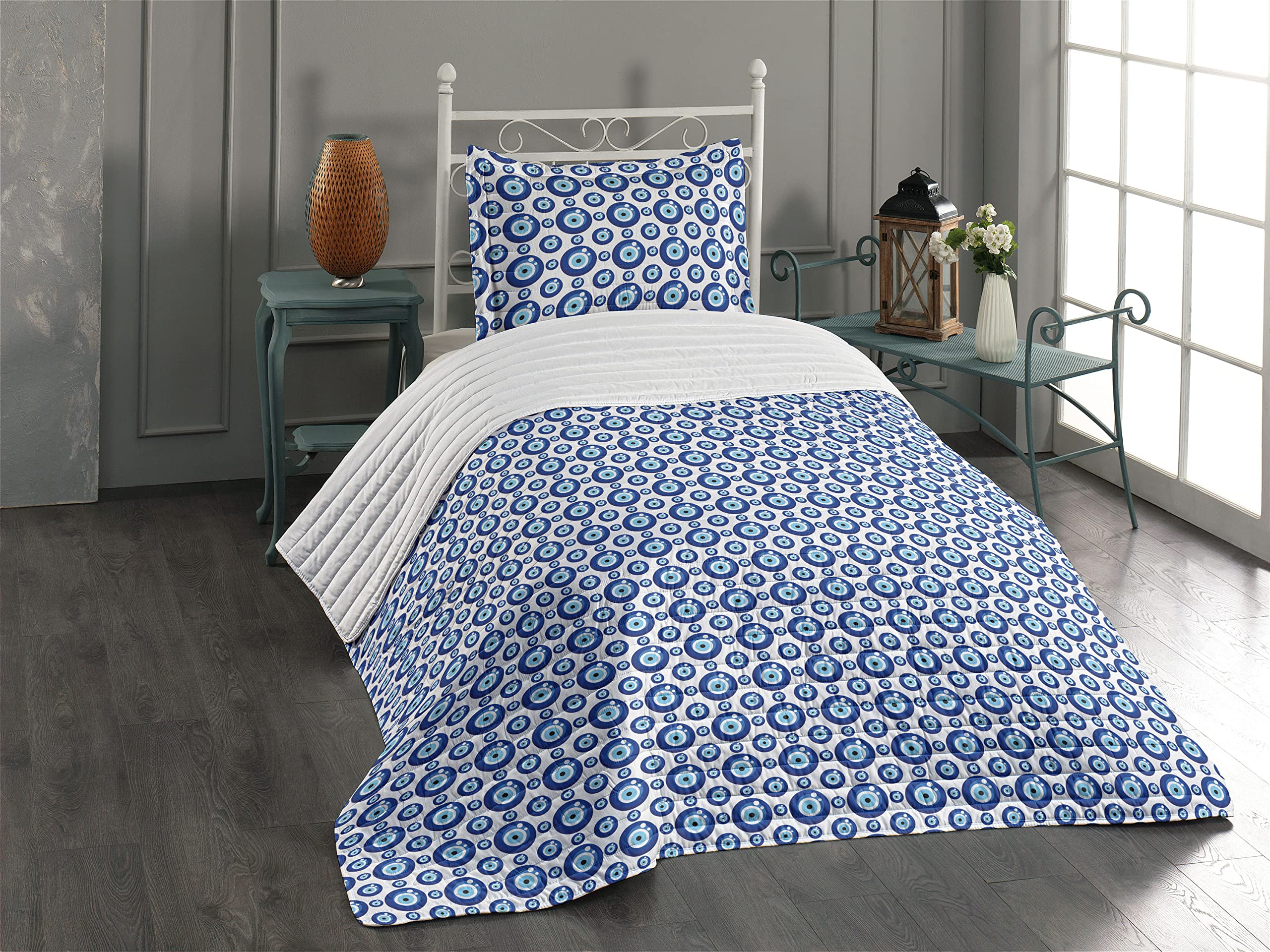 Ambesonne Evil Eye Microfiber Bedspread Set - Symmetrical All Seeing Eye Turkish Ethnic Design, Soft Twin Size Bedding with Pillow Sham & Comforter in Blue, Pale Blue & White | Perfect for Bedroom Decor, Guest Room, Dorm Room & Spiritual Protection