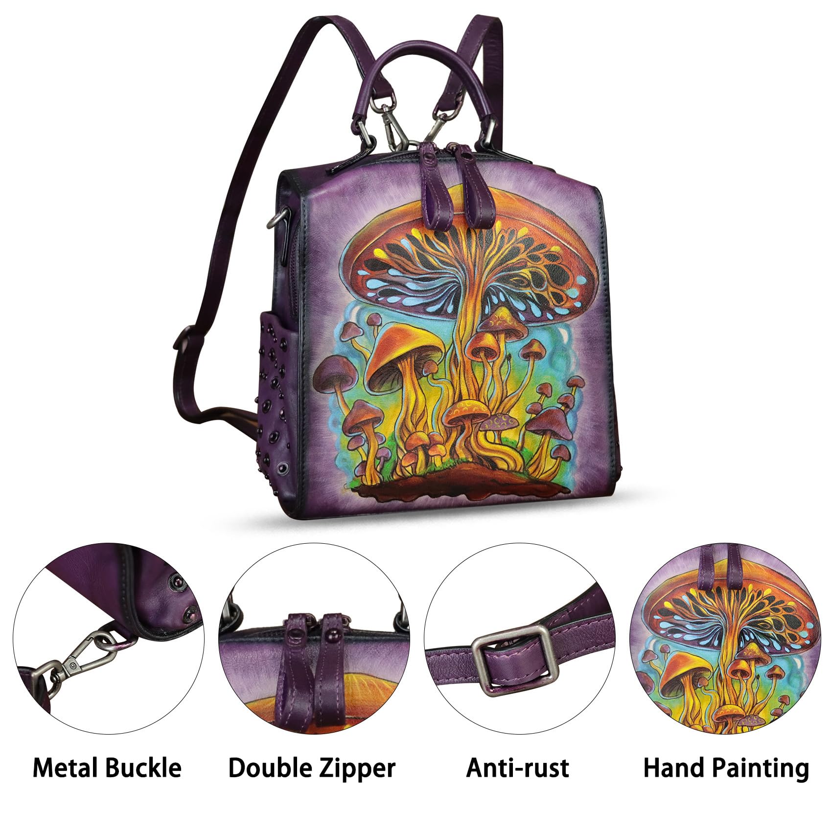 Handmade Genuine Leather Satchel for Women - Crossbody Purse, Top Handle Bag & Convertible Backpack - Unique Hand-Painted Design - Perfect for Work, Travel & Everyday Use