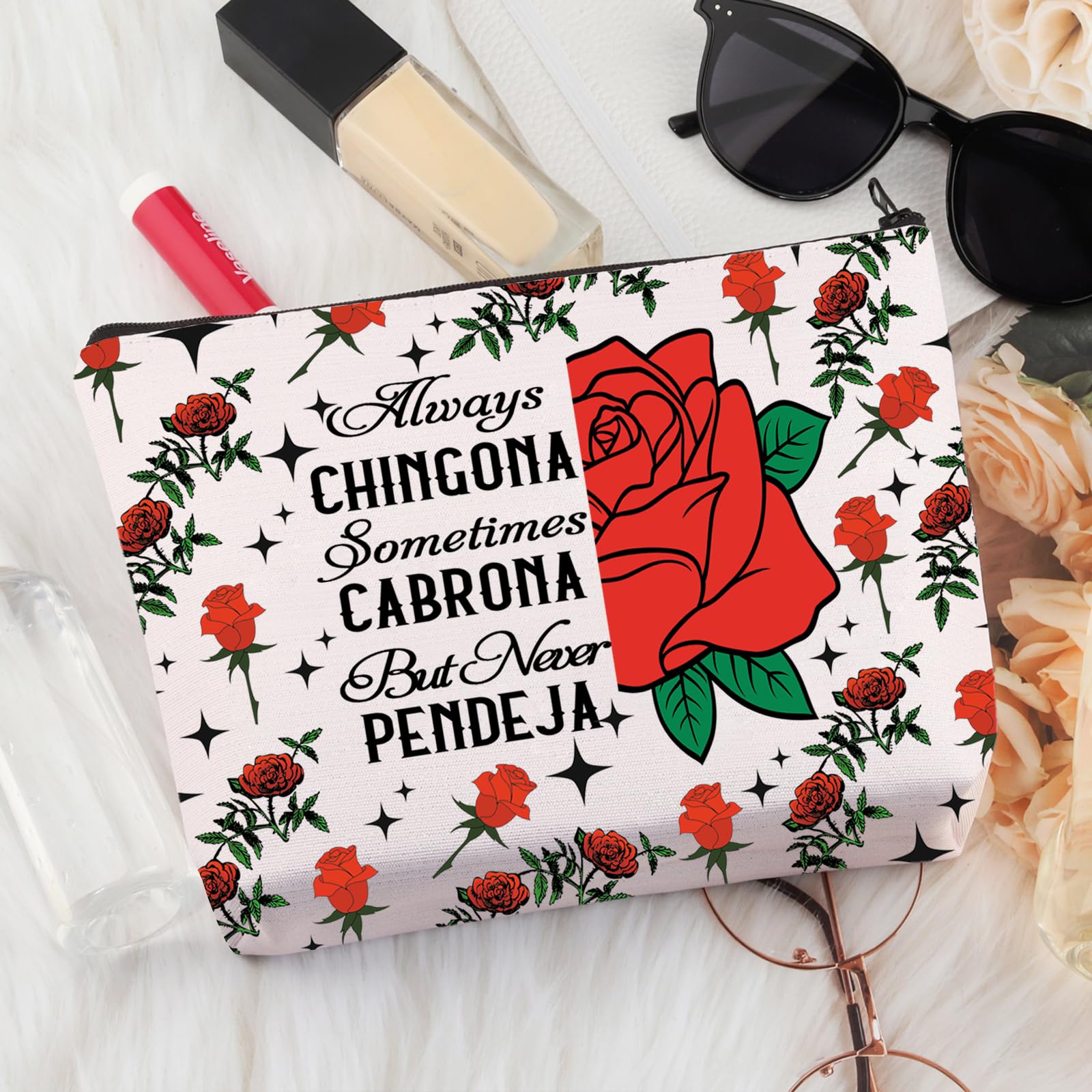 BDPWSS Latina Gift Makeup Bag - Always Chingona Sometimes Cabrona But Never Pendeja - Spanglish Power Gift for Women (Perfect for Travel, Gym & Everyday Use)