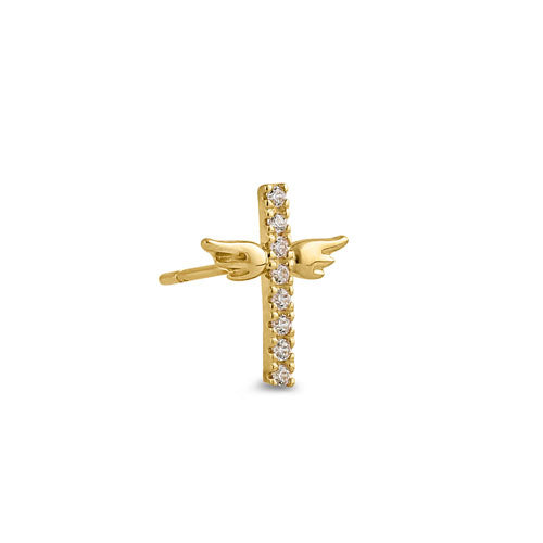 14K Yellow Gold Winged Cross CZ Stud Earrings for Women - Hypoallergenic Cubic Zirconia Jewelry - Perfect for Church, Weddings & Everyday Wear