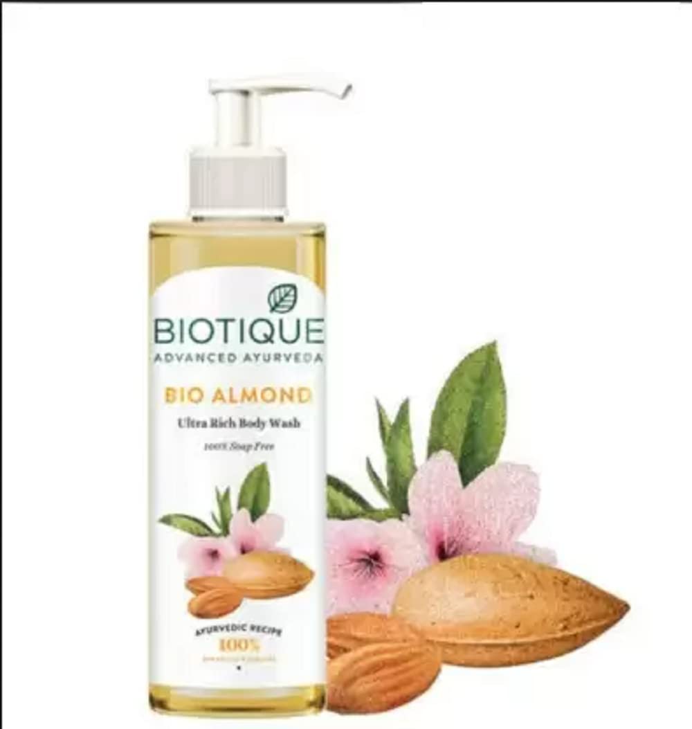 BIOTIQUE BIO ALMOND ULTRA RICH BODY WASH - 200ml | Natural Moisturizing Shower Gel for Dry Skin | Perfect for Daily Hydration & Relaxing Bath Time