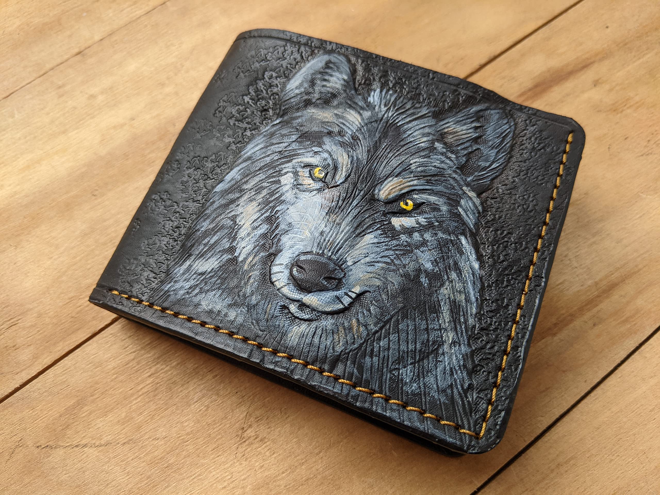 **Handmade 3D Genuine Leather Bifold Wallet for Men - Gray Wolf Carved & Tooled Design with Airbrush Art - Custom Personalized Gift for Dad, Husband, or Boyfriend (A28)**    *(Perfect for Everyday Use, Travel, Gifting, and Special Occasions)*