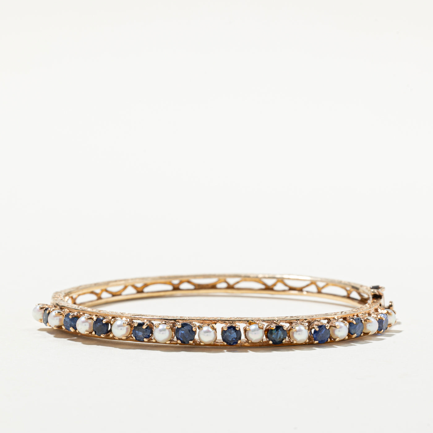 Vintage Blue Sapphire & Pearl Bangle Bracelet | 1.94ctw Genuine Gemstones | 3.00-3.50mm Pearls | Elegant Jewelry for Women | Perfect for Weddings, Parties & Special Occasions