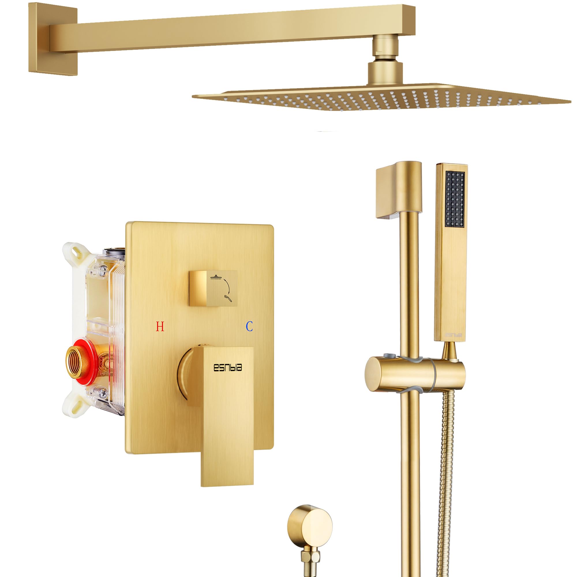 ESNBIA Brushed Gold Shower System - 10 Inch Wall Mounted Slide Bar Faucet with High Pressure Rain Shower Head & Handheld Set - Perfect for Modern Bathroom Renovation and Spa-Like Shower Experience