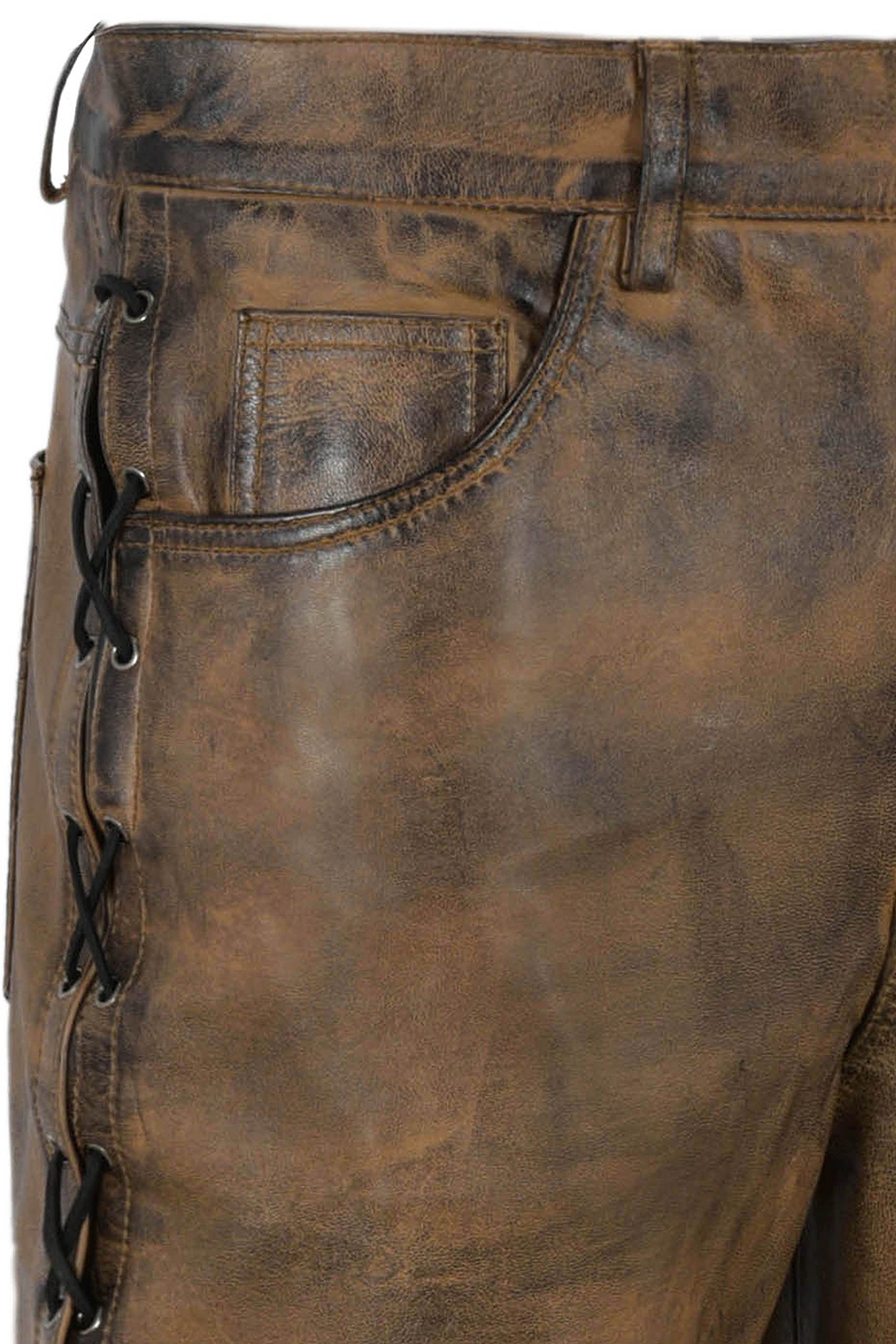 Men's Biker Leather Pants - 100% Genuine Lambskin Motorcycle Trousers in Dirty Brown with Lace-Up Design | Perfect for Riding, Motorcycle Enthusiasts & Fashion Streetwear