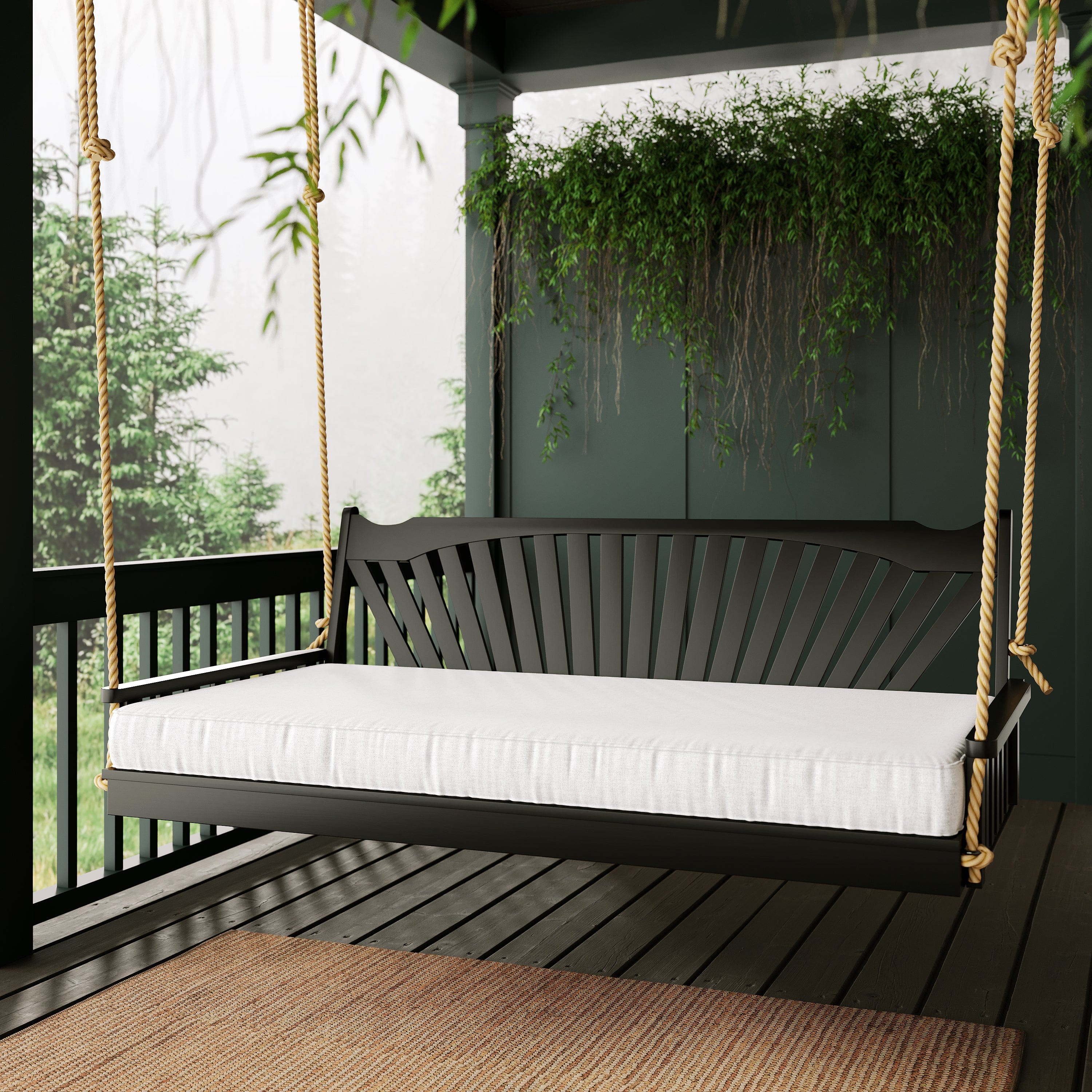 Keystone Amish Co. 6 Foot Sunburst Porch Swing Bed with Mushroom Stain - Outdoor Hanging Daybed for Patio, Garden & Backyard Relaxation