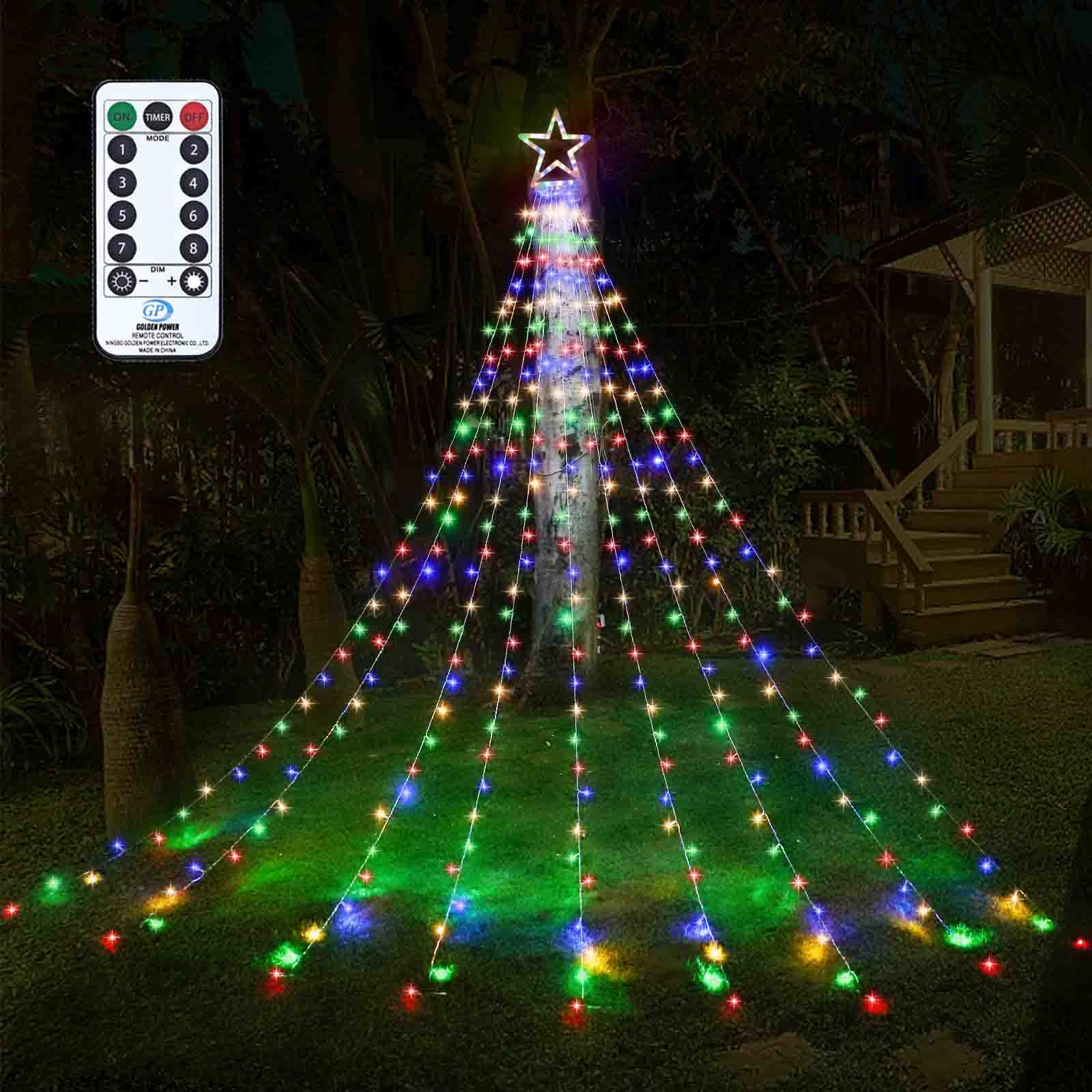 317 LED Outdoor Christmas Decorations Star String Lights - 8 Modes Waterfall Tree Lights with Topper Star for Indoor/Outdoor Holiday Decor | Perfect for Yard, Party, Home & Christmas Tree Decoration (Multicolor)