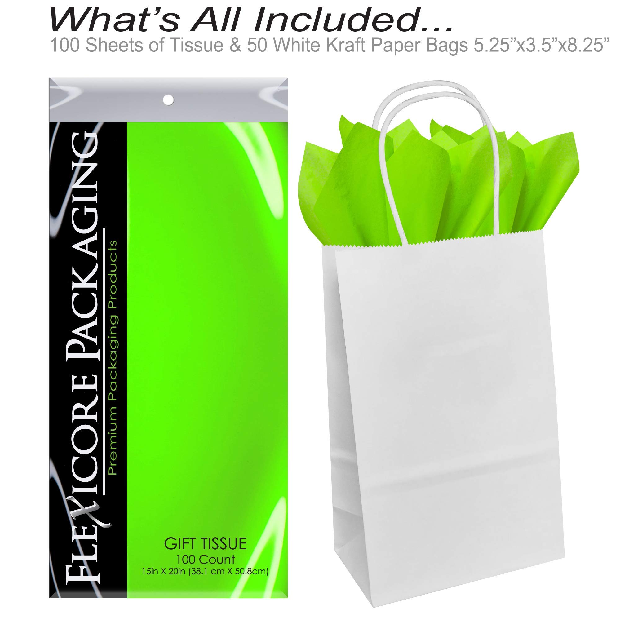 Eco-Friendly White Kraft Paper Gift Bags with Lime Green Tissue Wrap - 5.25