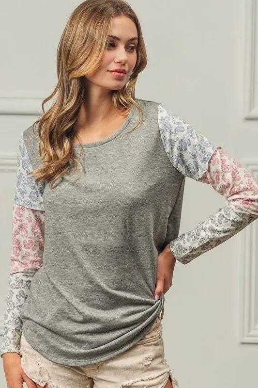 BiBi French Terry Paisley Triblend Color Block T-Shirt - Soft & Stylish Casual Wear for Women | Perfect for Everyday Outfits, Lounge Wear & Street Fashion
